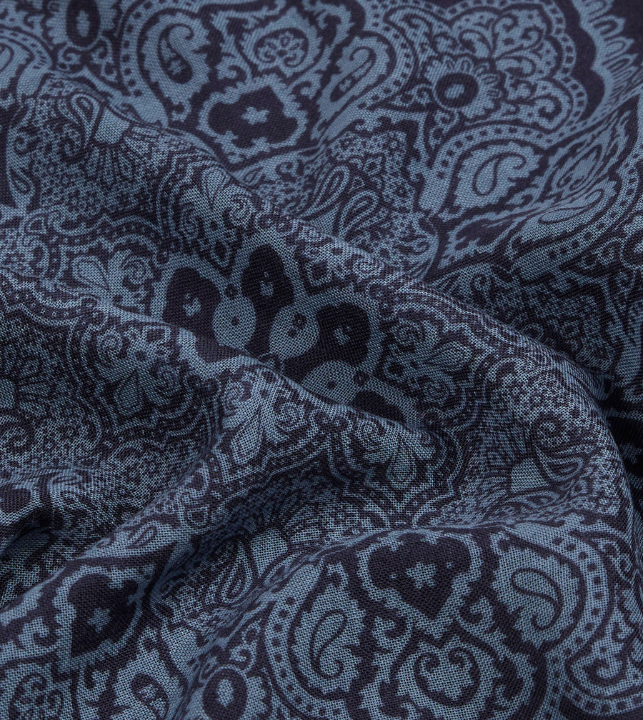 Navy Paisley Tile Print Wool-Silk Pocket Square