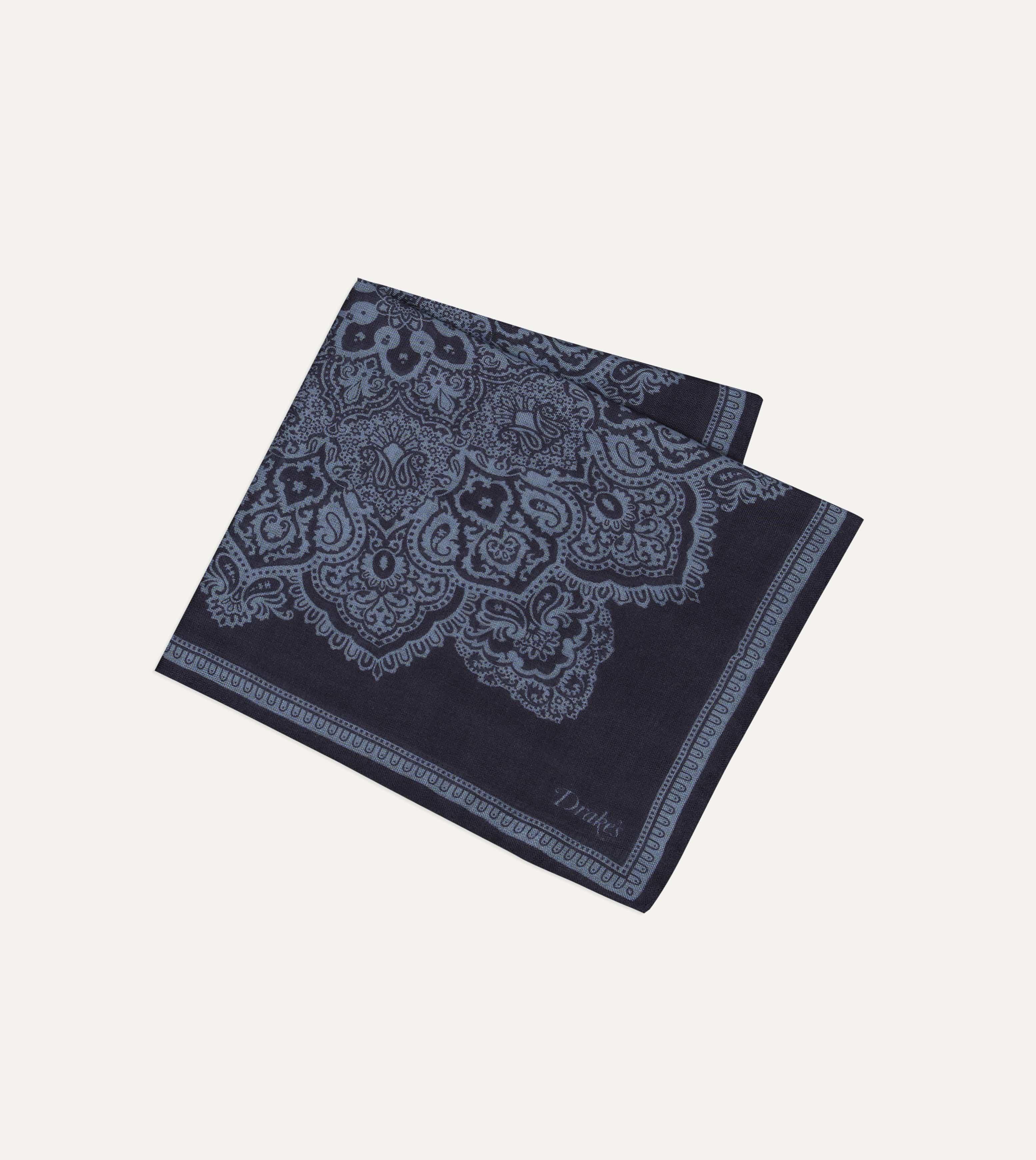 Navy Paisley Tile Print Wool-Silk Pocket Square