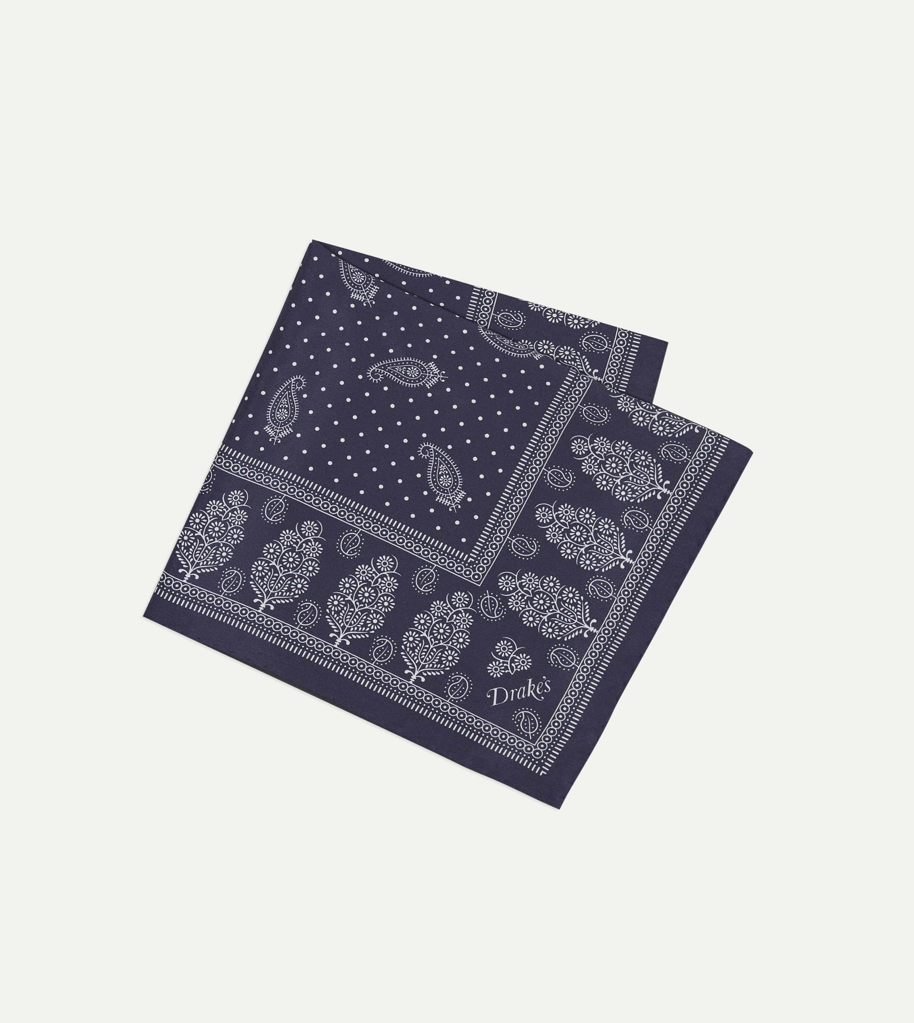 Navy Paisley Spot Print Silk Pocket Square