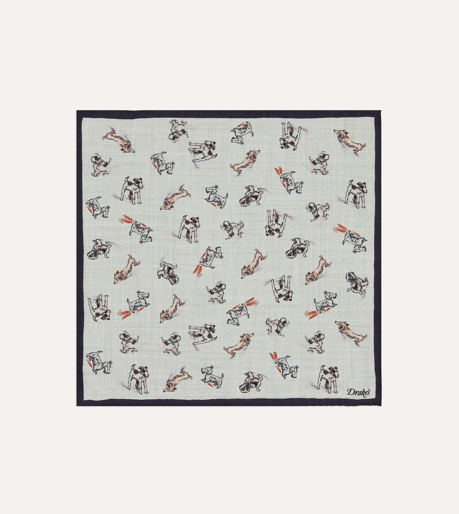 Ecru Dogs Print Wool-Silk Pocket Square