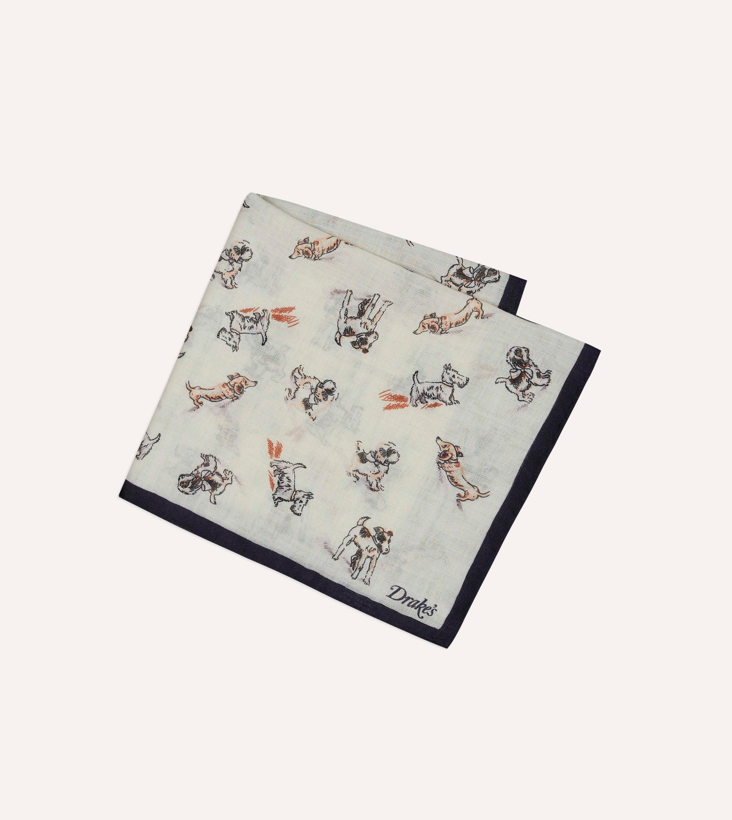 Ecru Dogs Print Wool-Silk Pocket Square