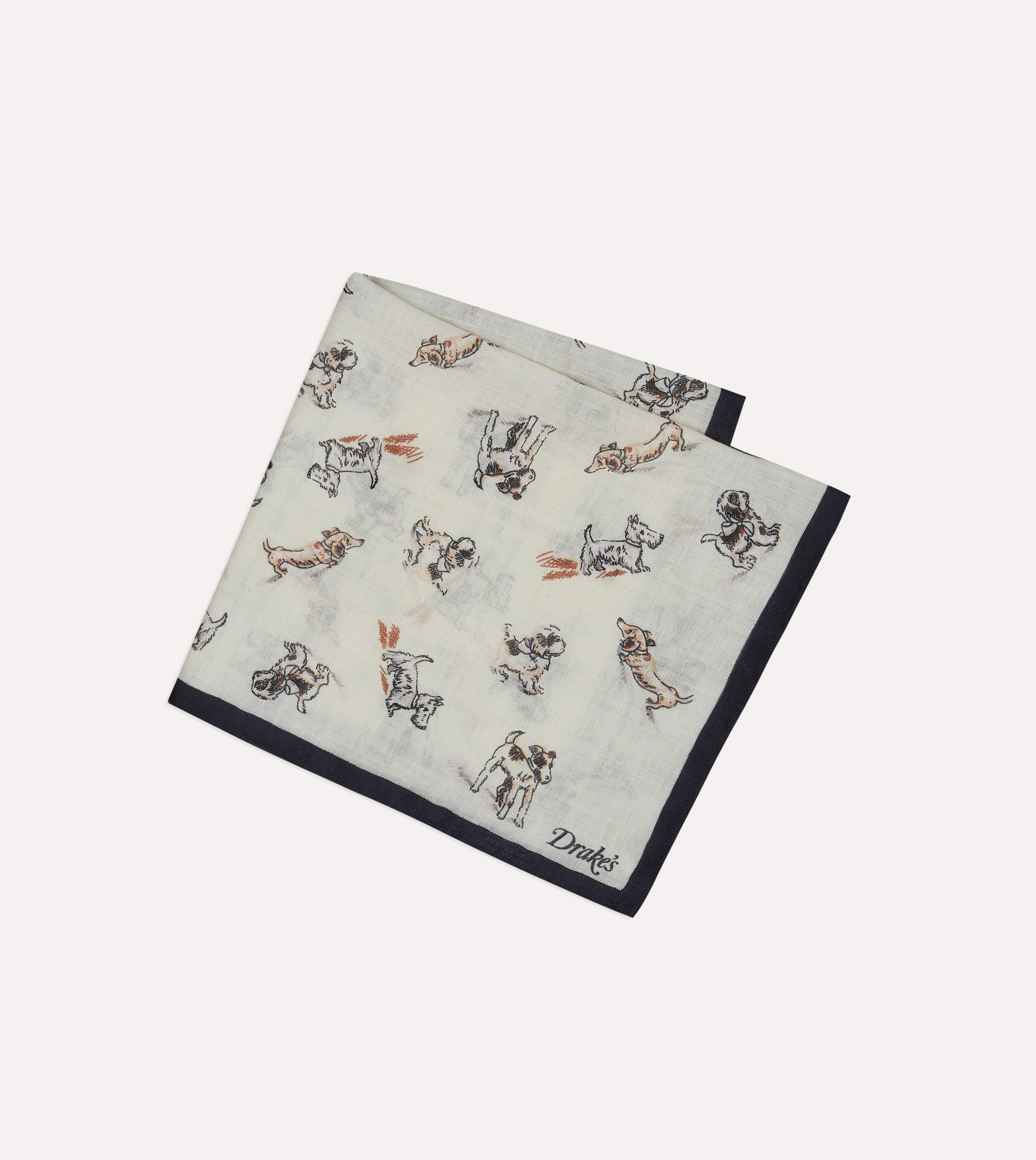 Ecru Dogs Print Wool-Silk Pocket Square