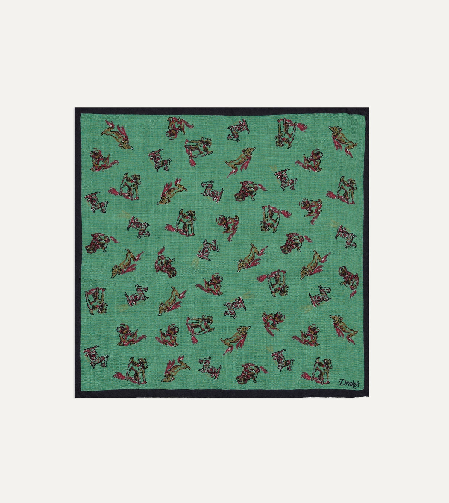 Green Dogs Print Wool-Silk Pocket Square