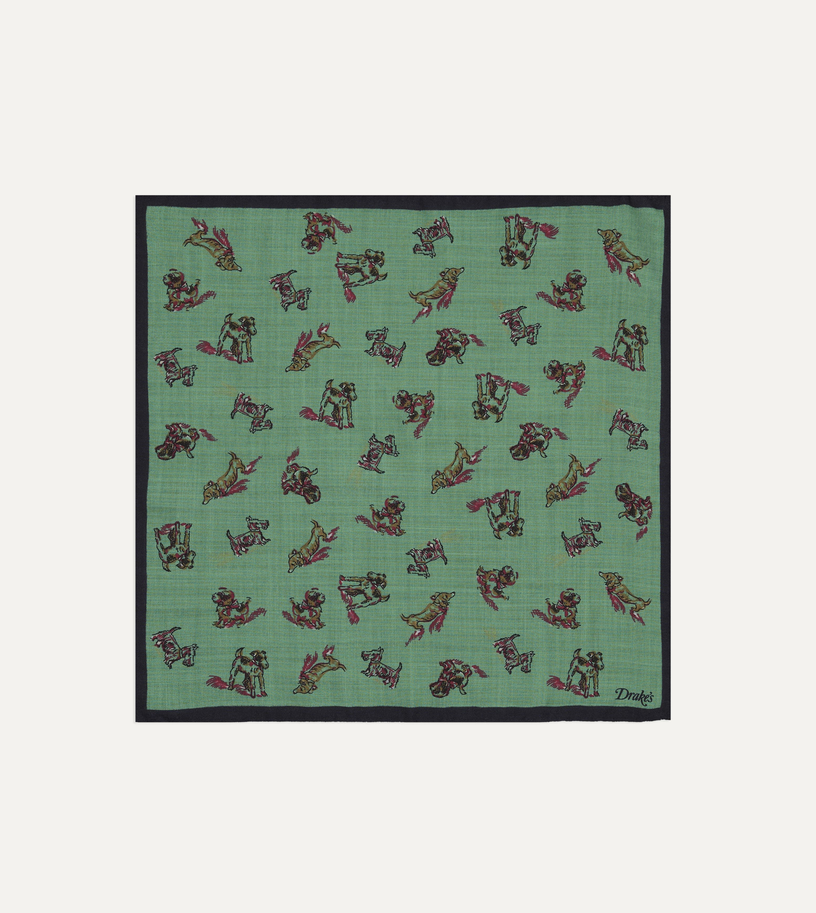 Green Dogs Print Wool-Silk Pocket Square