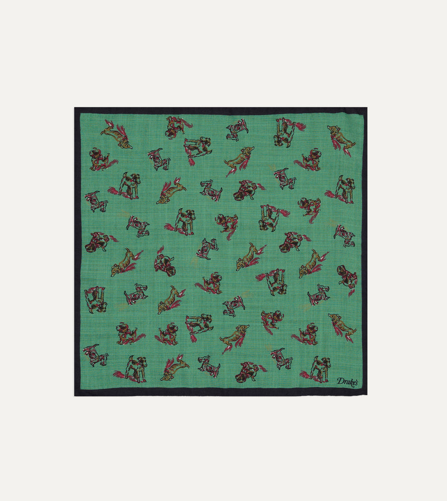 Green Dogs Print Wool-Silk Pocket Square