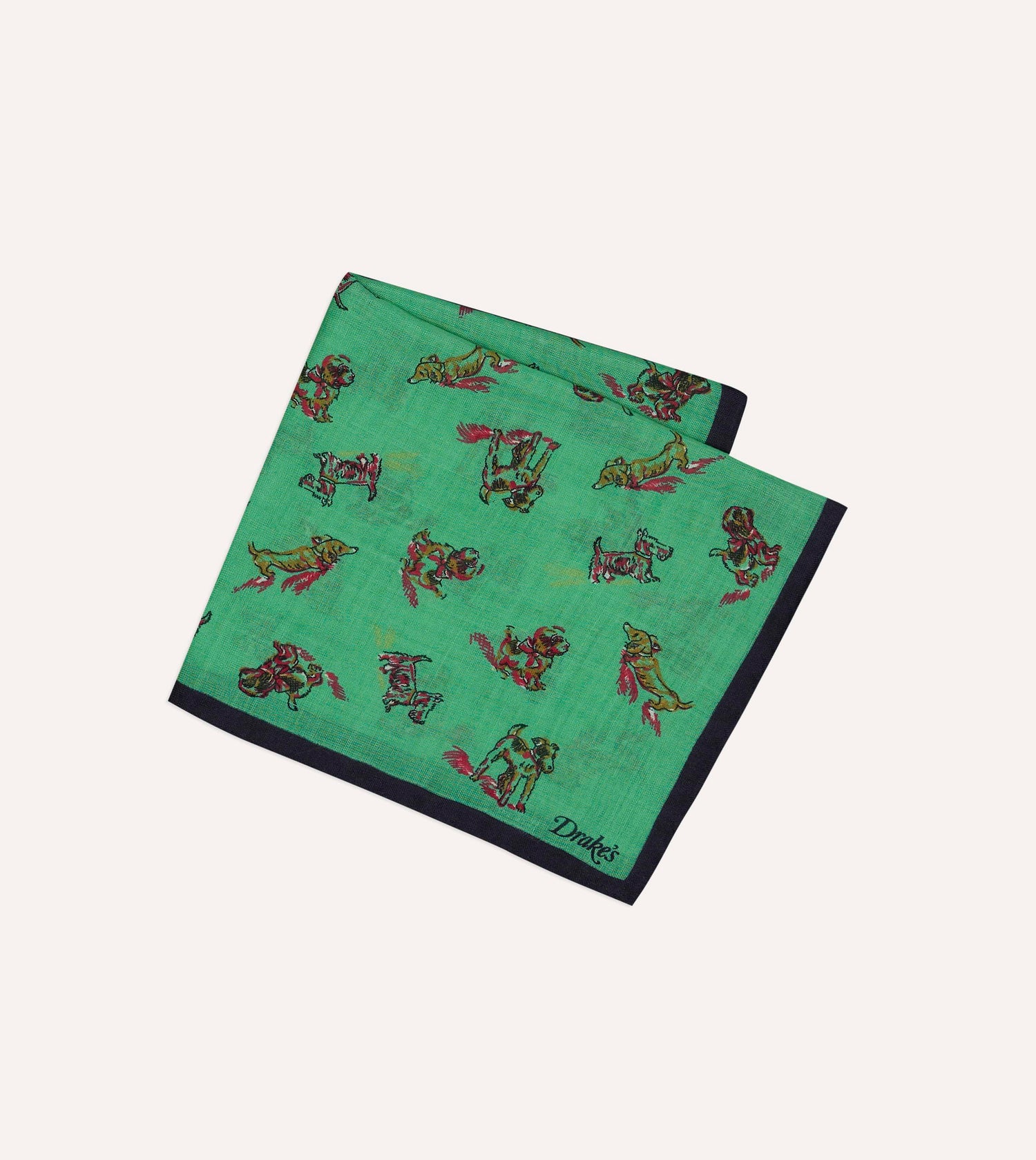 Green Dogs Print Wool-Silk Pocket Square
