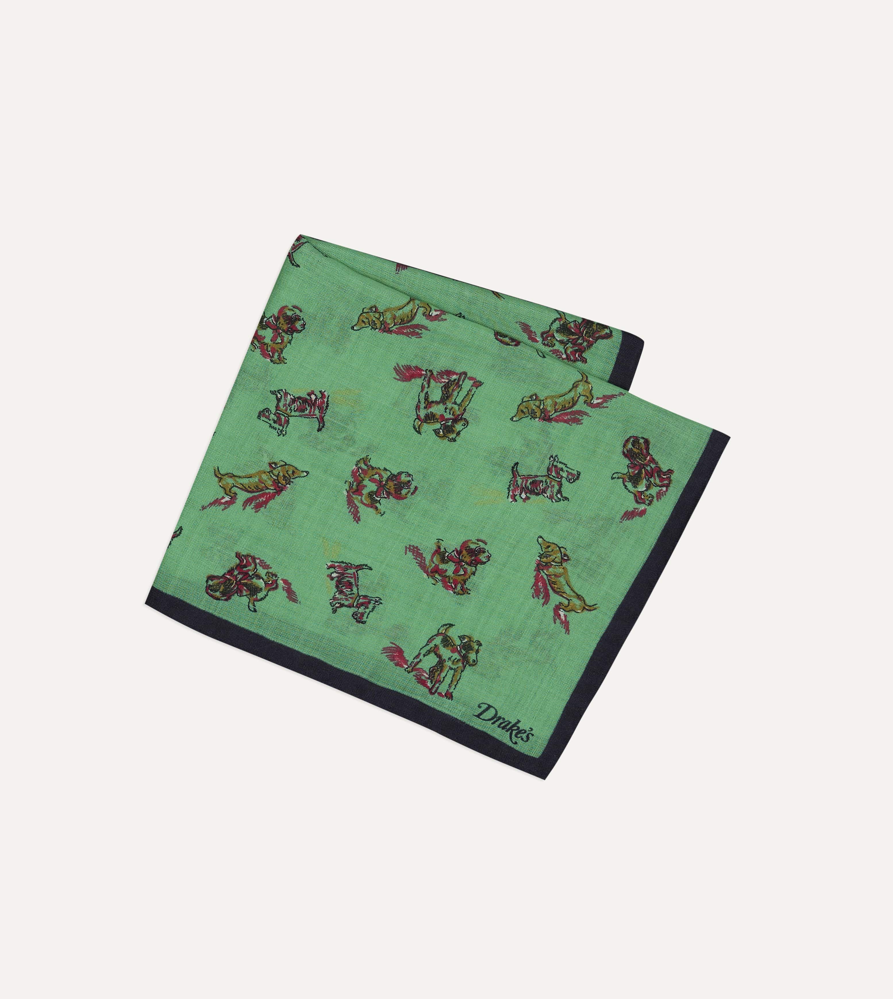Green Dogs Print Wool-Silk Pocket Square