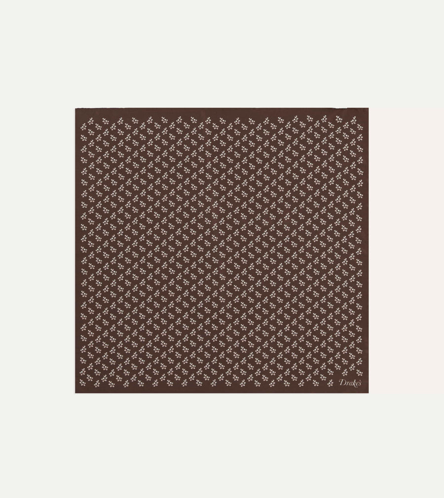 Brown Small Floral Print Silk Pocket Square