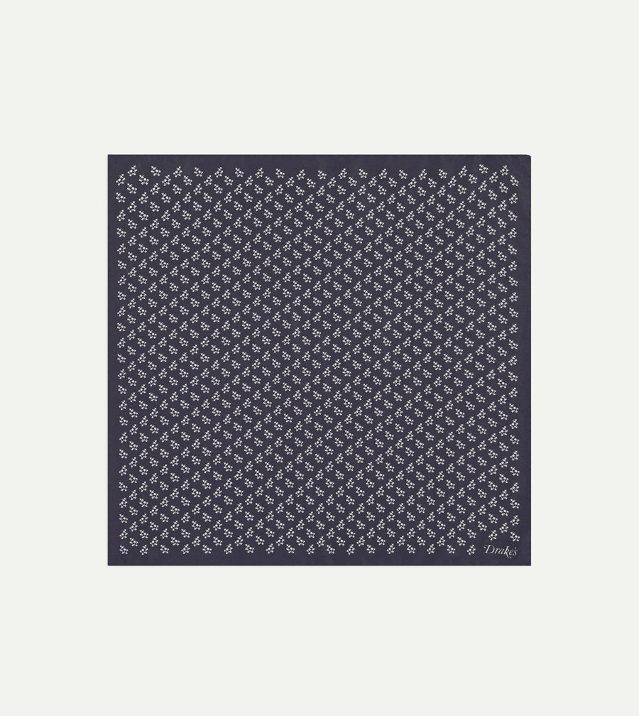 Navy Small Floral Print Silk Pocket Square