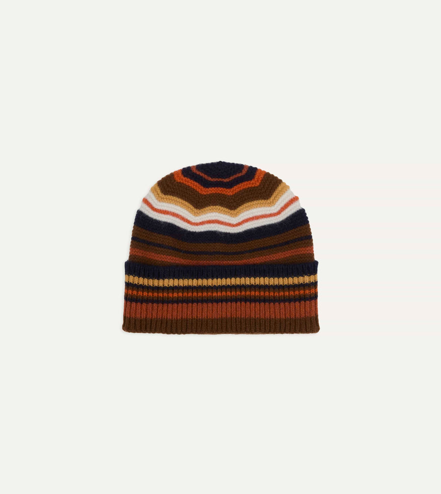 Brown and Yellow Multi Stripe Geelongora Purl Stitch Knit Cap