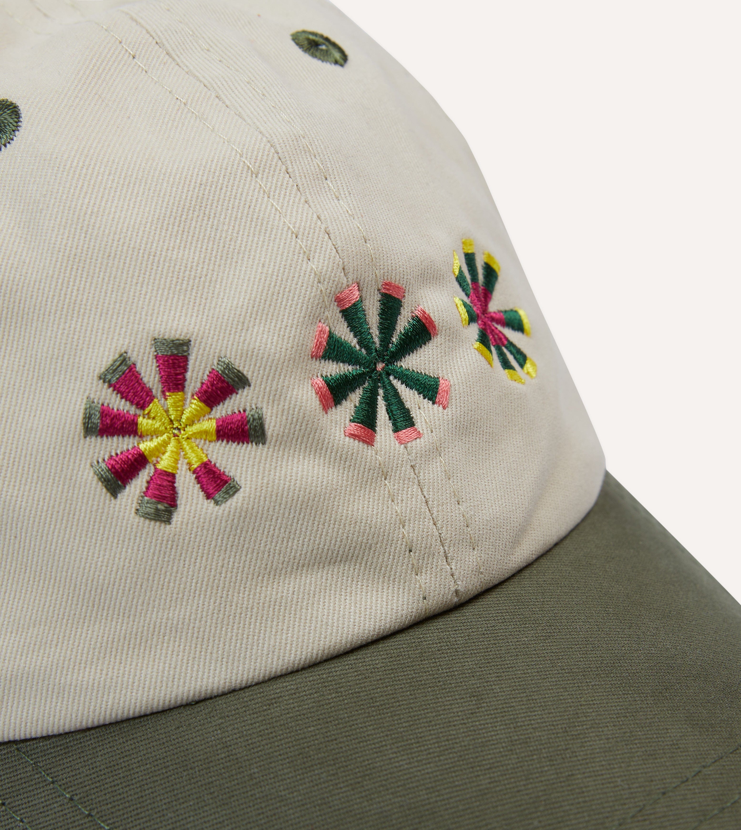 Ecru and Green Kantha Suns Emblem Cotton Baseball Cap