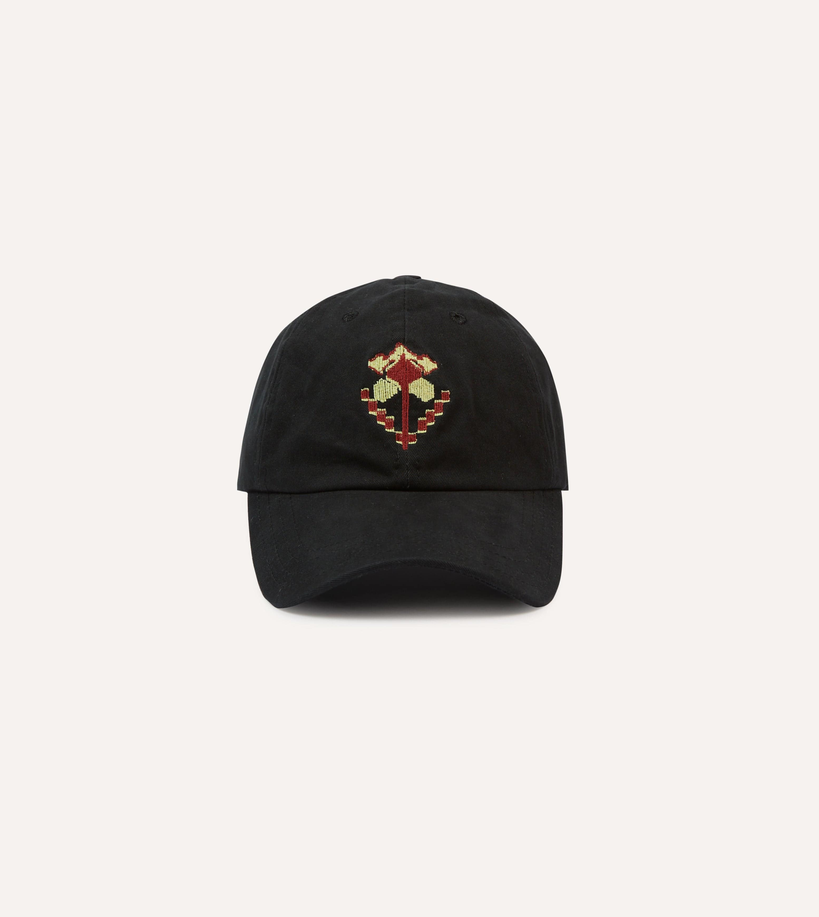 Washed Black Flower Emblem Cotton Baseball Cap