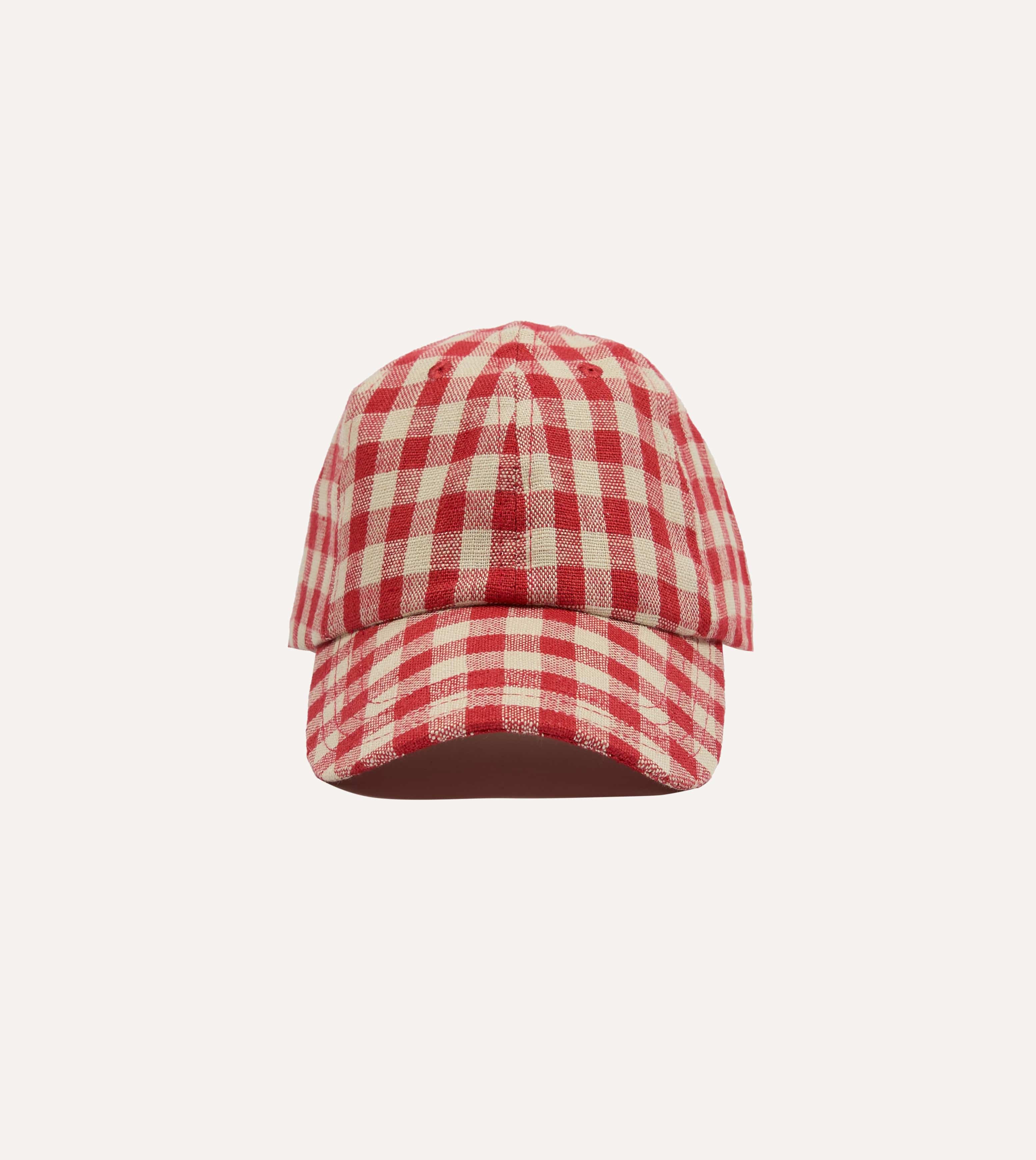 Red Gingham Check Linen Baseball Cap