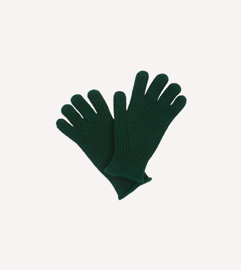Dark Green Lambswool Ribbed Knitted Gloves