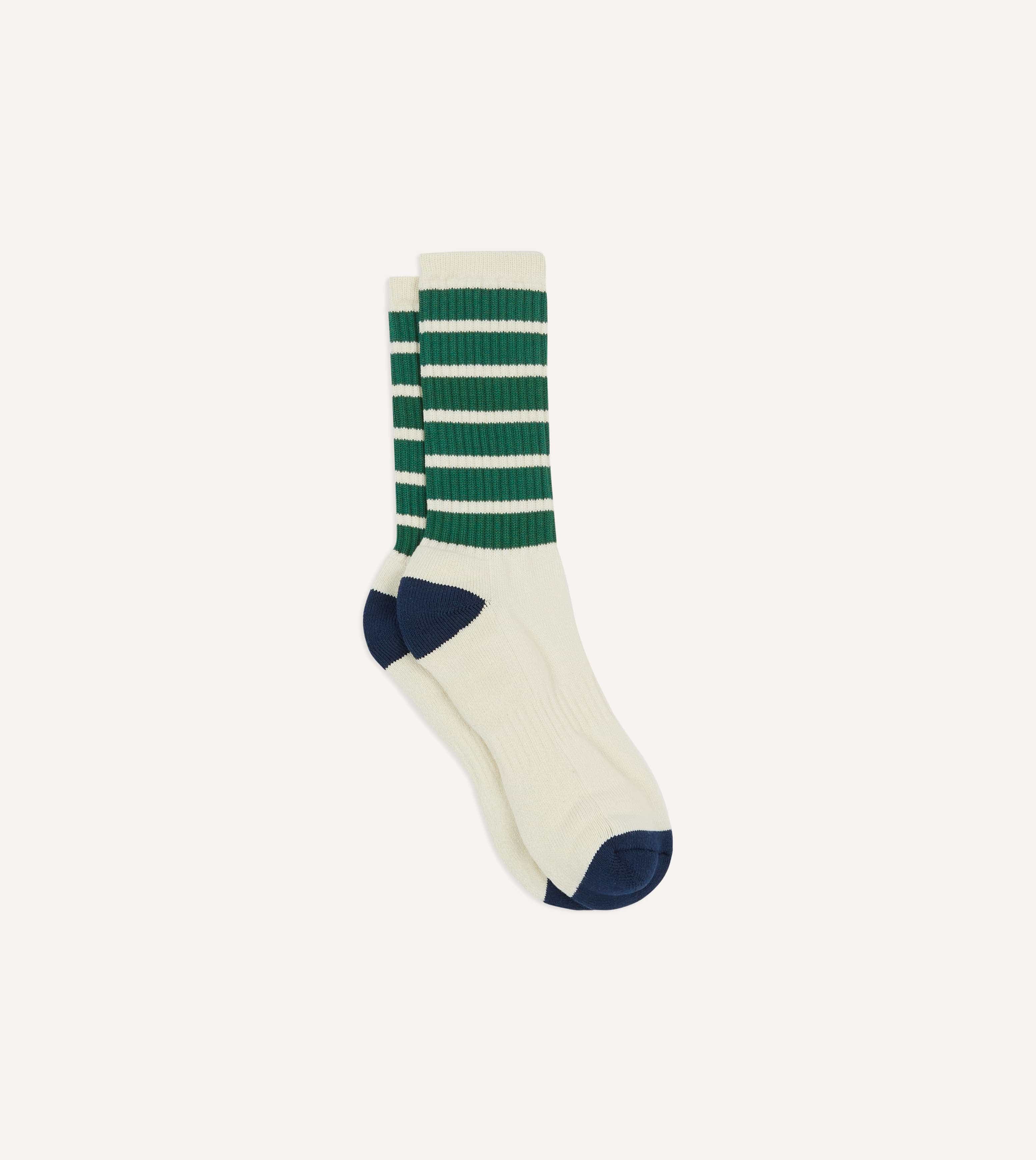 Ecru and Green 6 Stripe Cotton Sports Sock