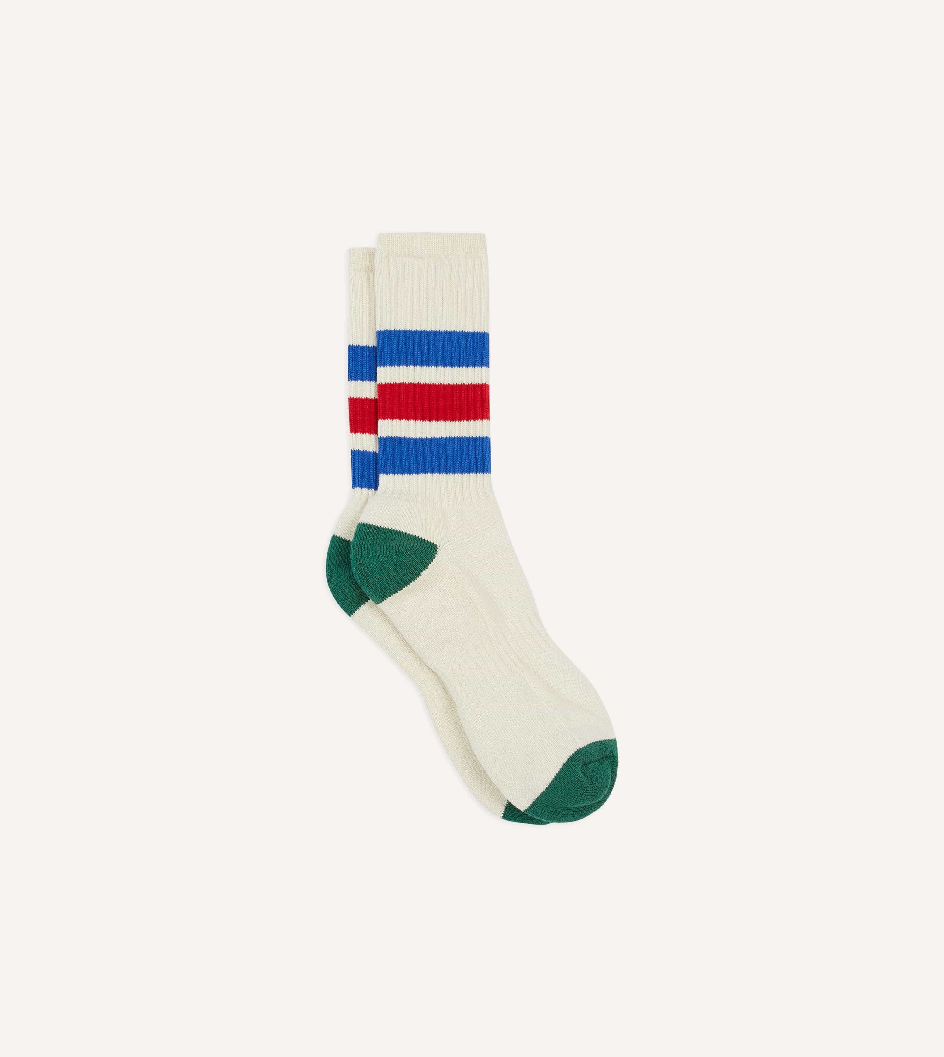 Ecru, Blue and Red 3 Stripe Cotton Sports Sock