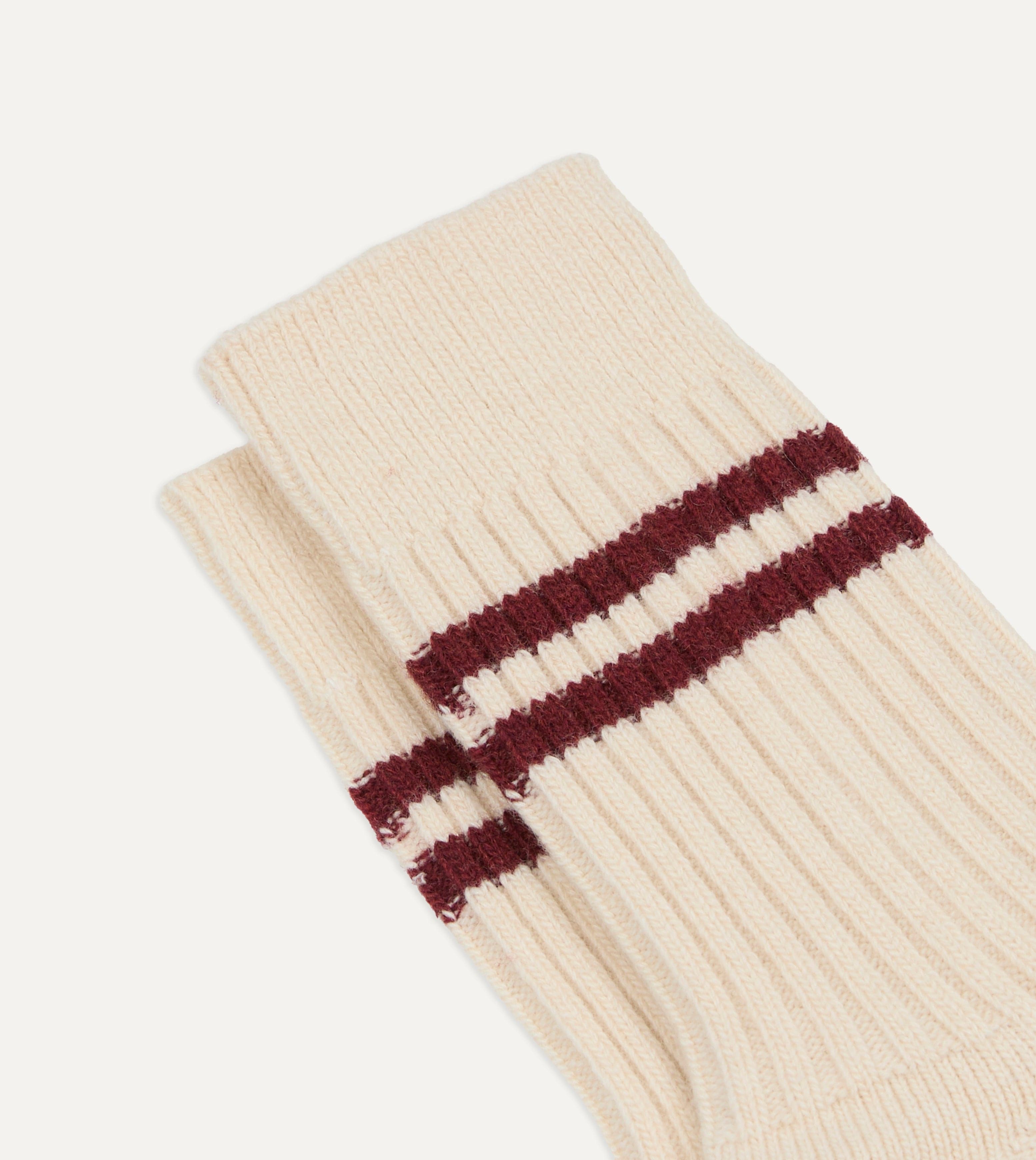 RoToTo Ecru and Red Merino Lambswool Stripe Socks