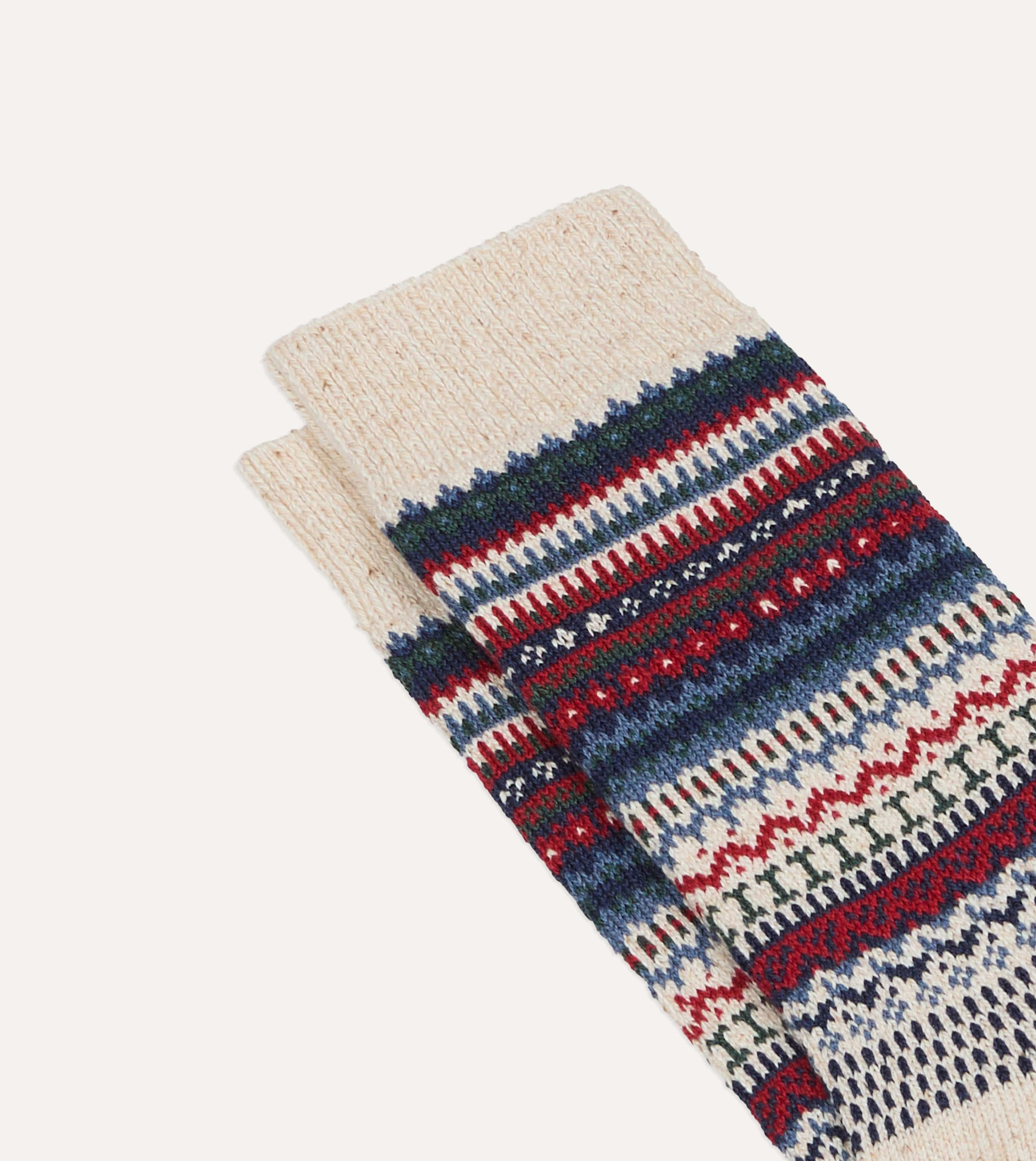 RoToTo Ecru and Navy Wool Nordic Pattern Socks