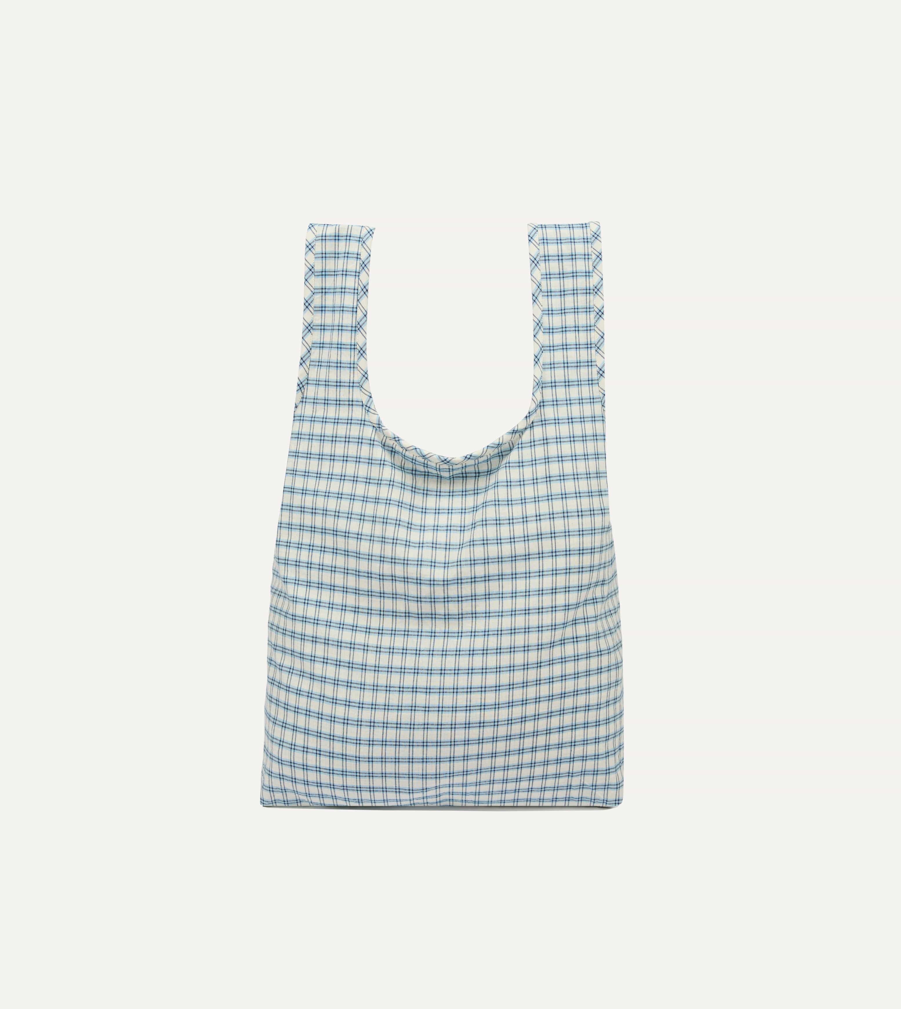 Blue and White Madras Check Cotton Market Tote Bag