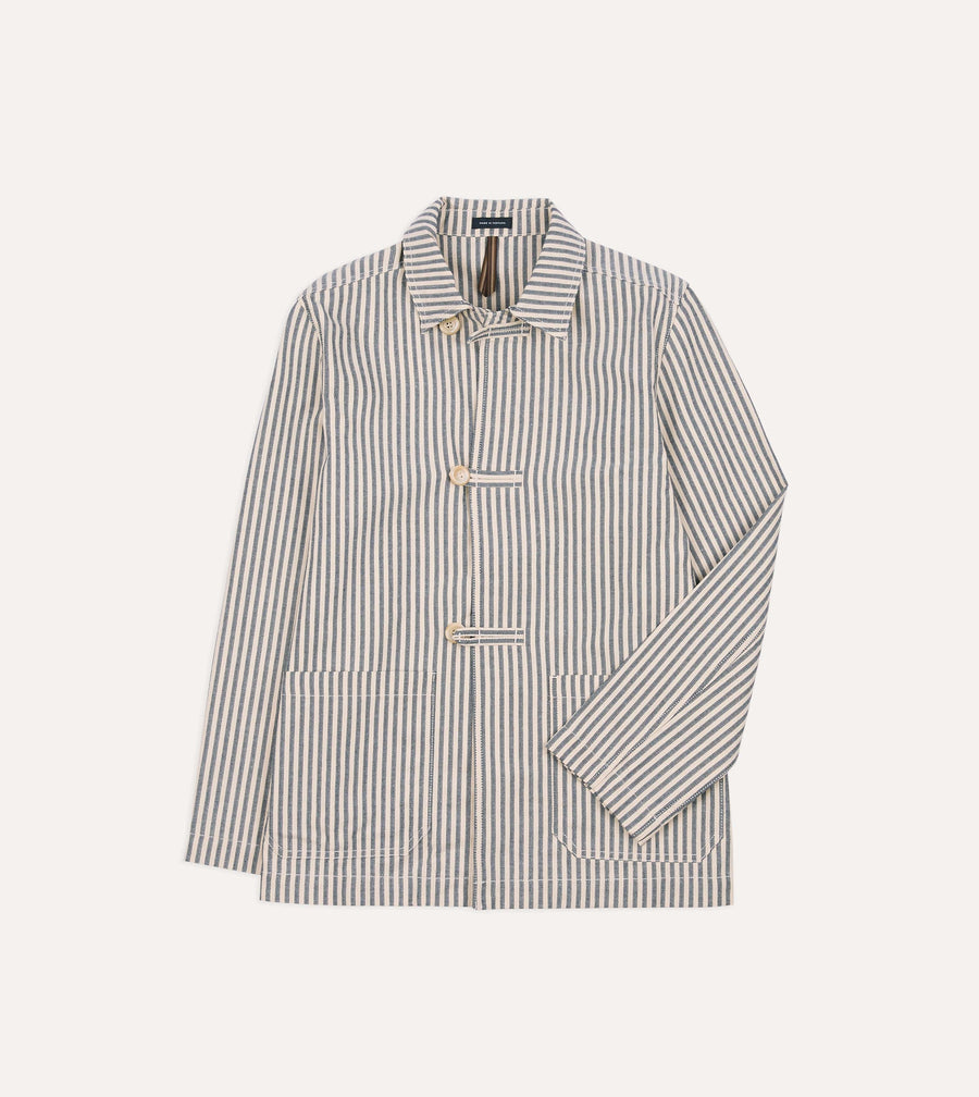 Blue and Ecru Stripe Cotton-Linen Deck Chore Jacket