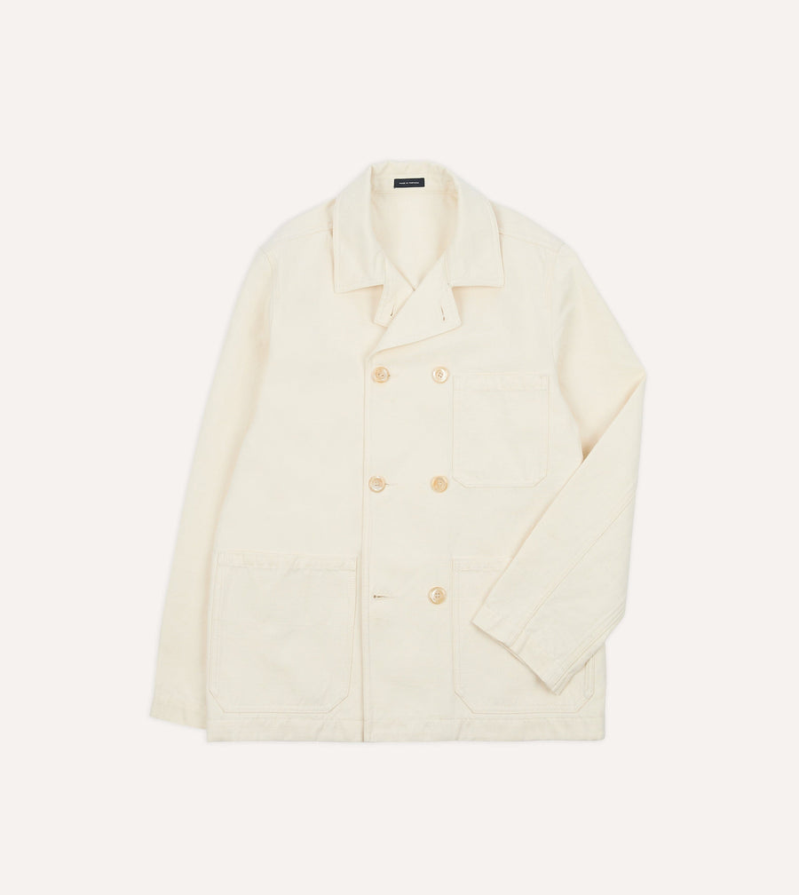 Ecru Cotton-Linen Double-Breasted Chore Coat