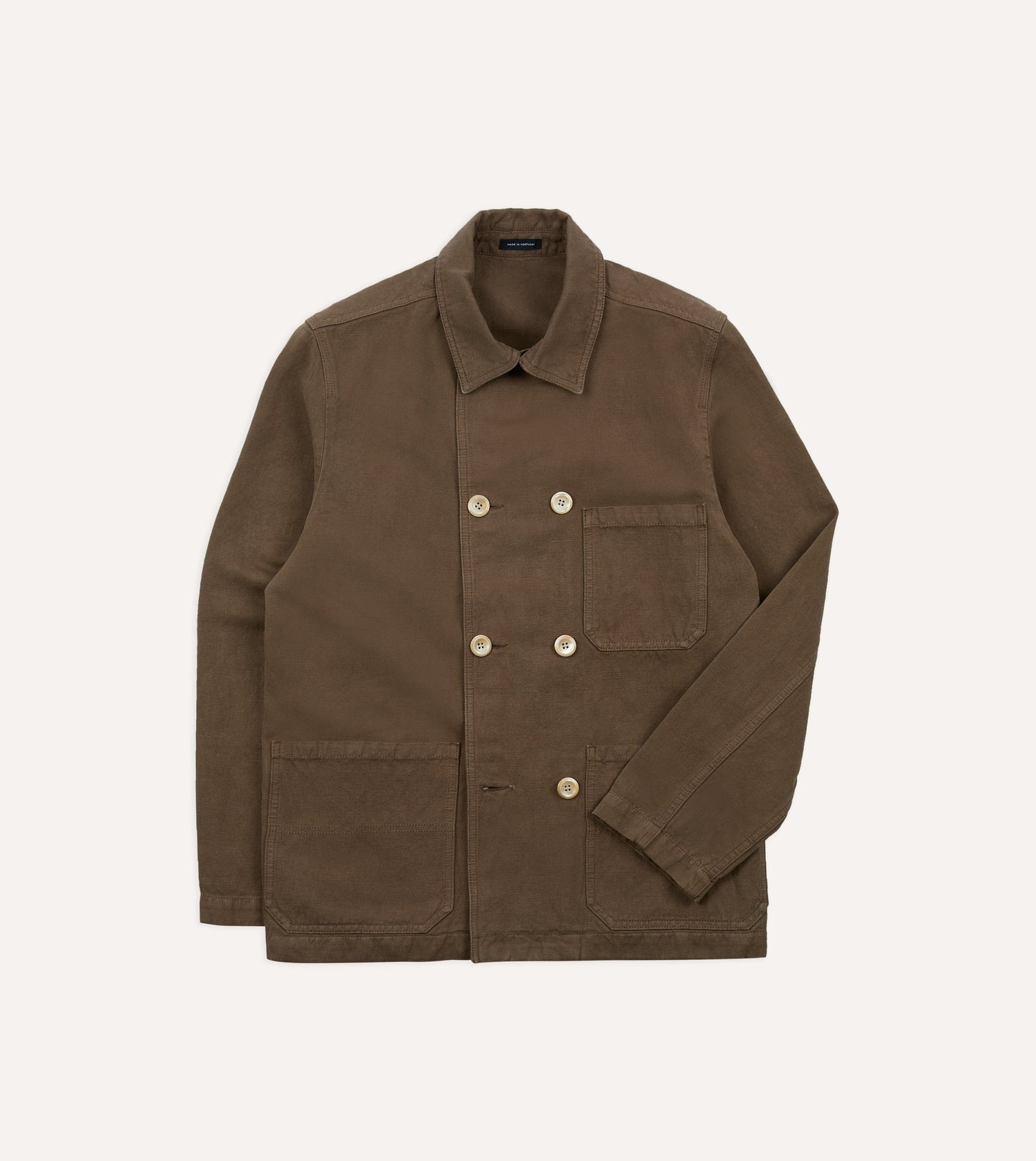 Brown Cotton-Linen Double-Breasted Chore Coat