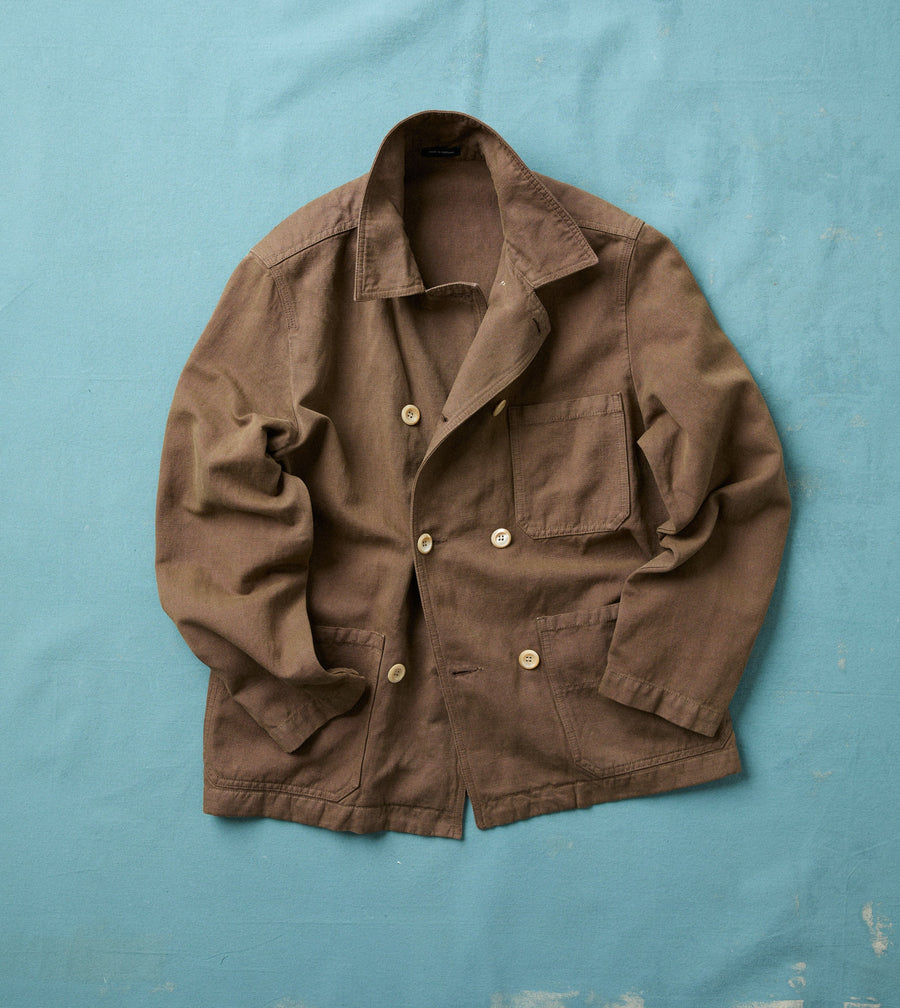 Brown Cotton-Linen Double-Breasted Chore Coat