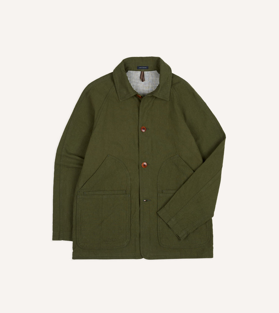 Green Cotton-Linen Raglan Work Coat