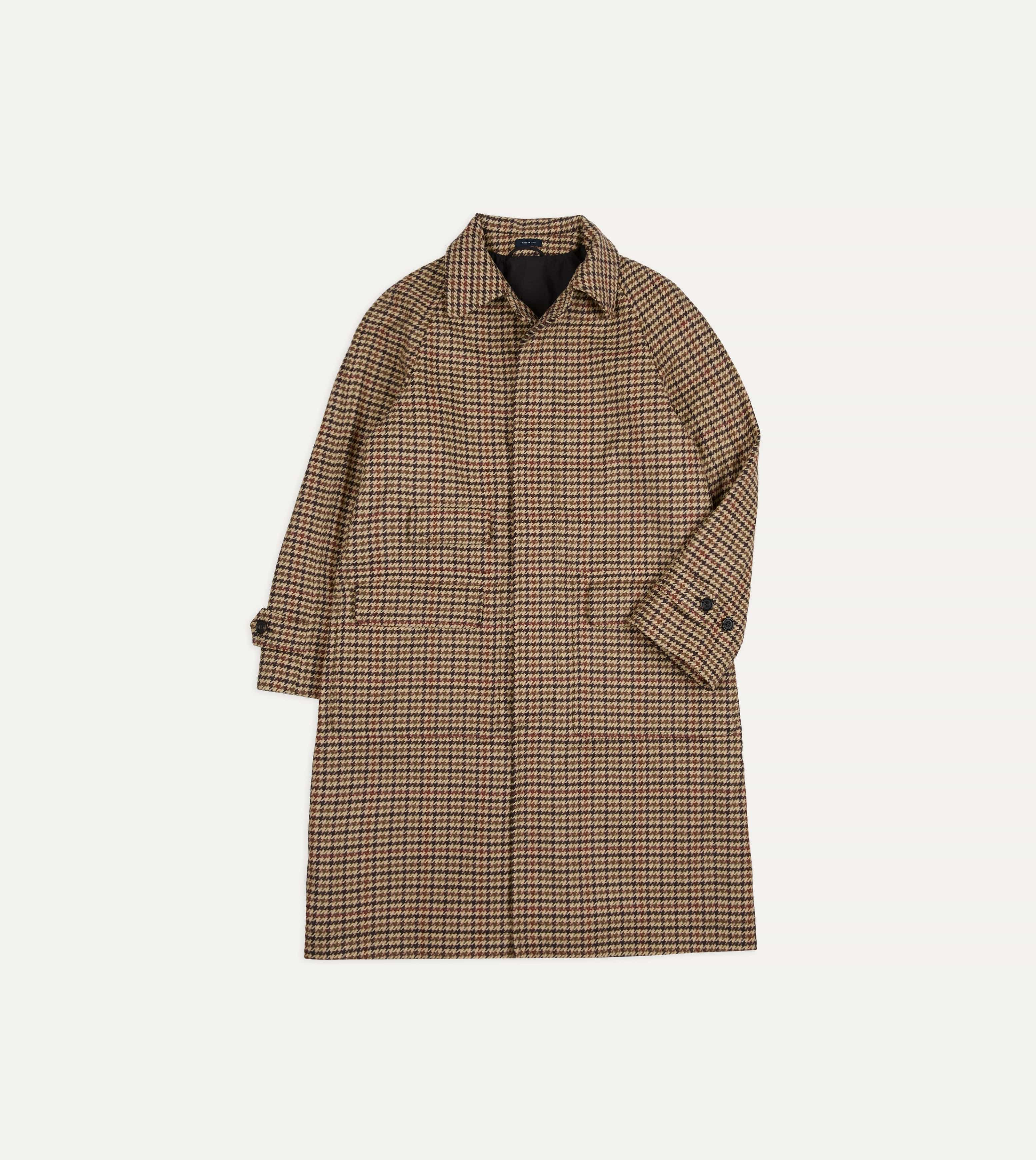 Brown Houndstooth Check Wool Raglan Coat