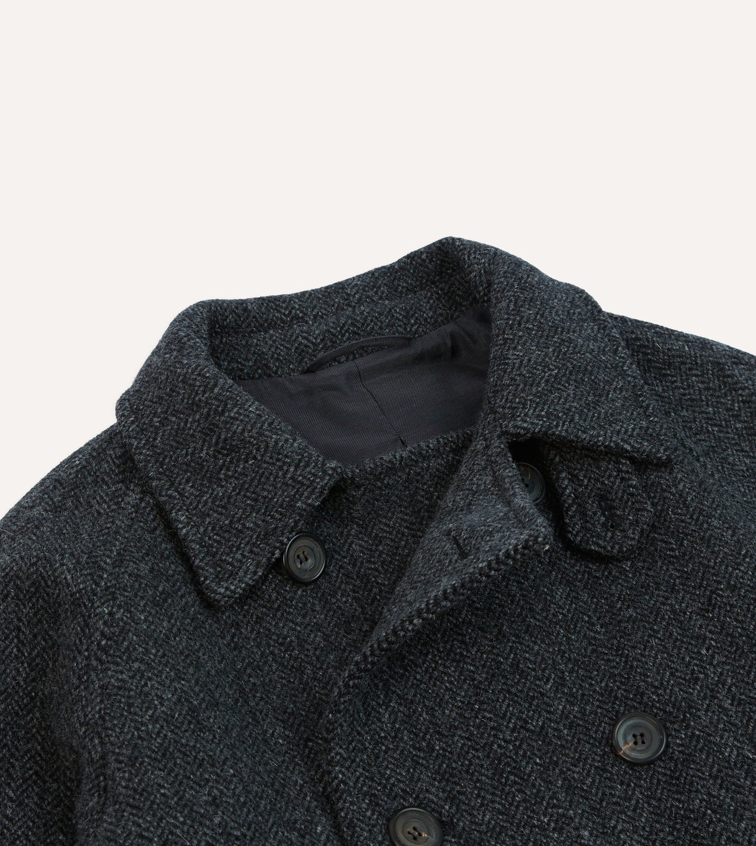 Grey Herringbone Wool Double-Breasted Raglan Coat