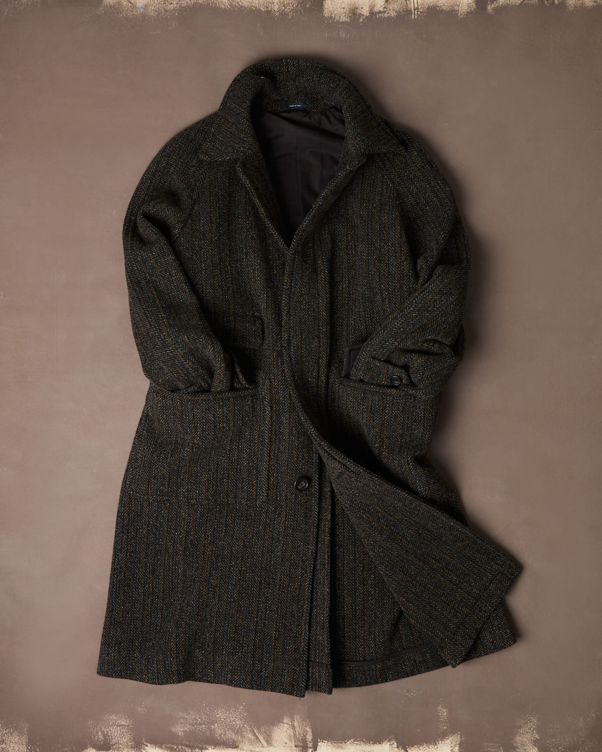 Grey Herringbone Wool Raglan Coat