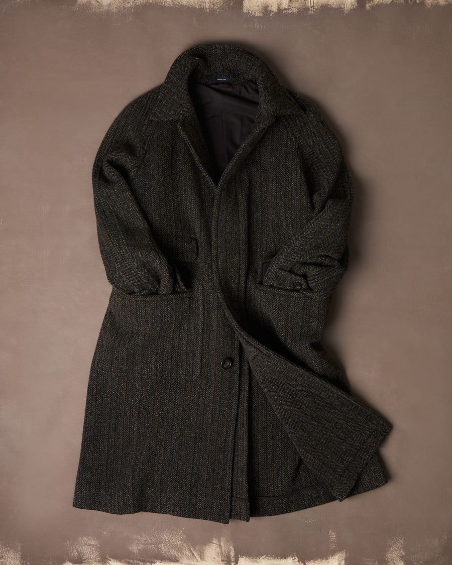 Grey Herringbone Wool Raglan Coat