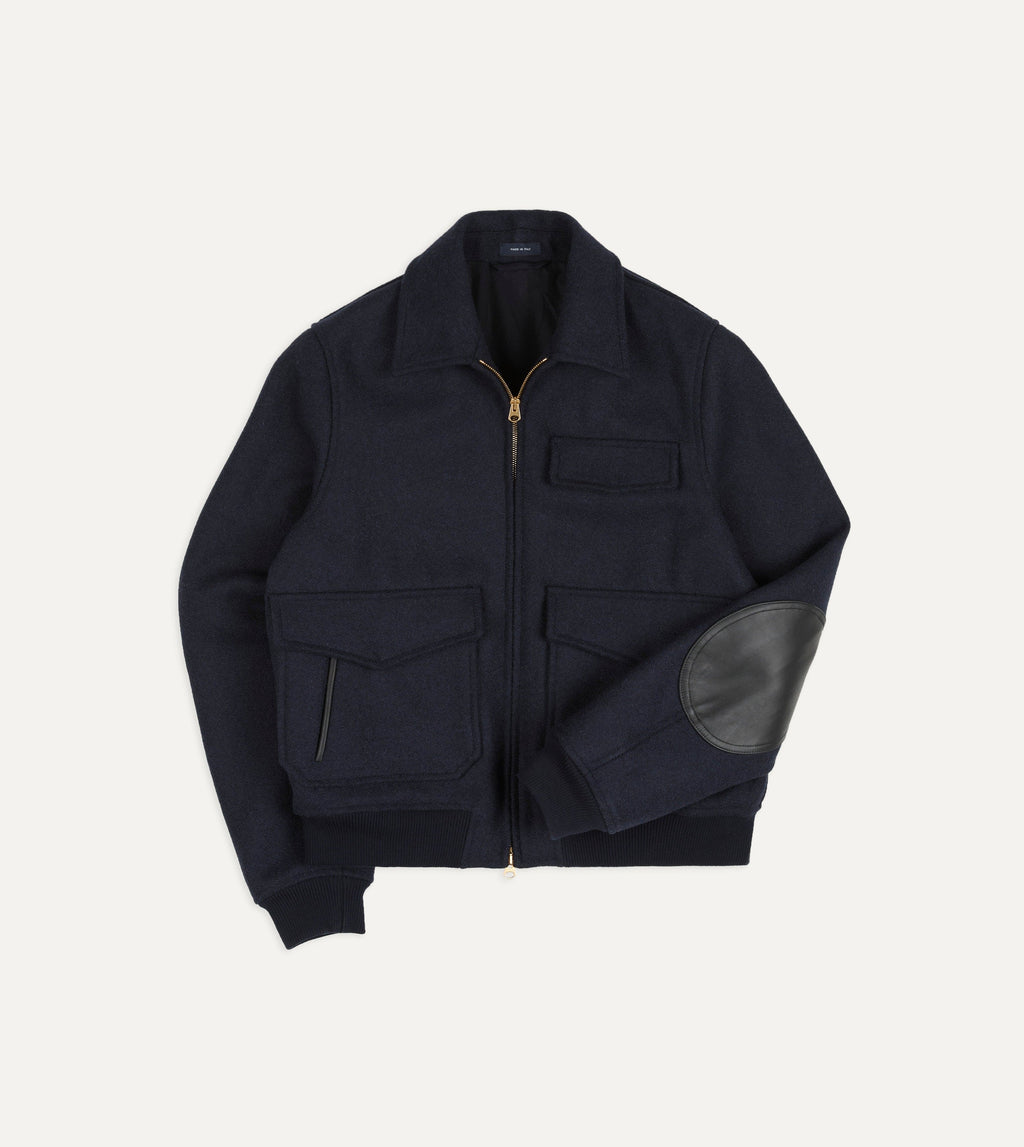 Navy Wool and Leather A-2 Bomber Jacket – Drakes
