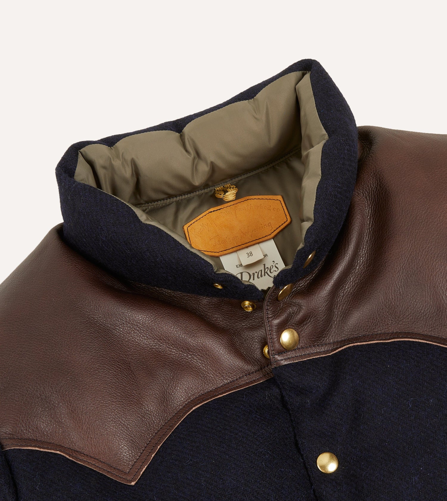 Rocky Mountain Featherbed for Drake's Navy Harris Tweed Leather Christy Down Jacket