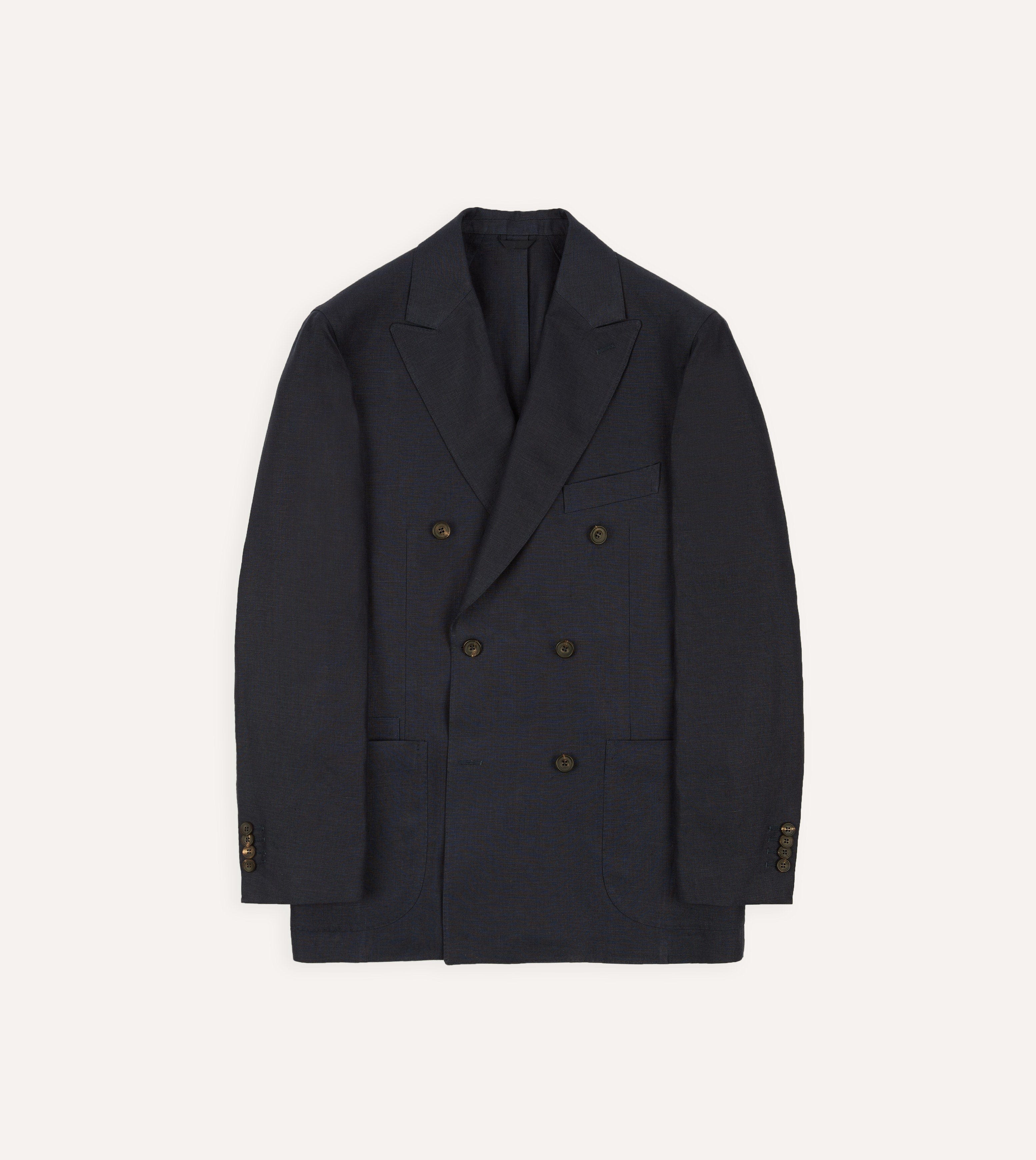 Navy Linen Double-Breasted Tailored Jacket