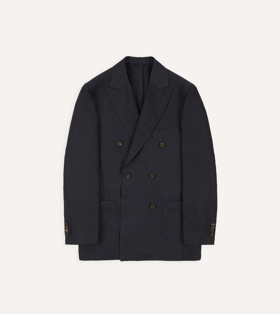 Navy Linen Double-Breasted Tailored Jacket