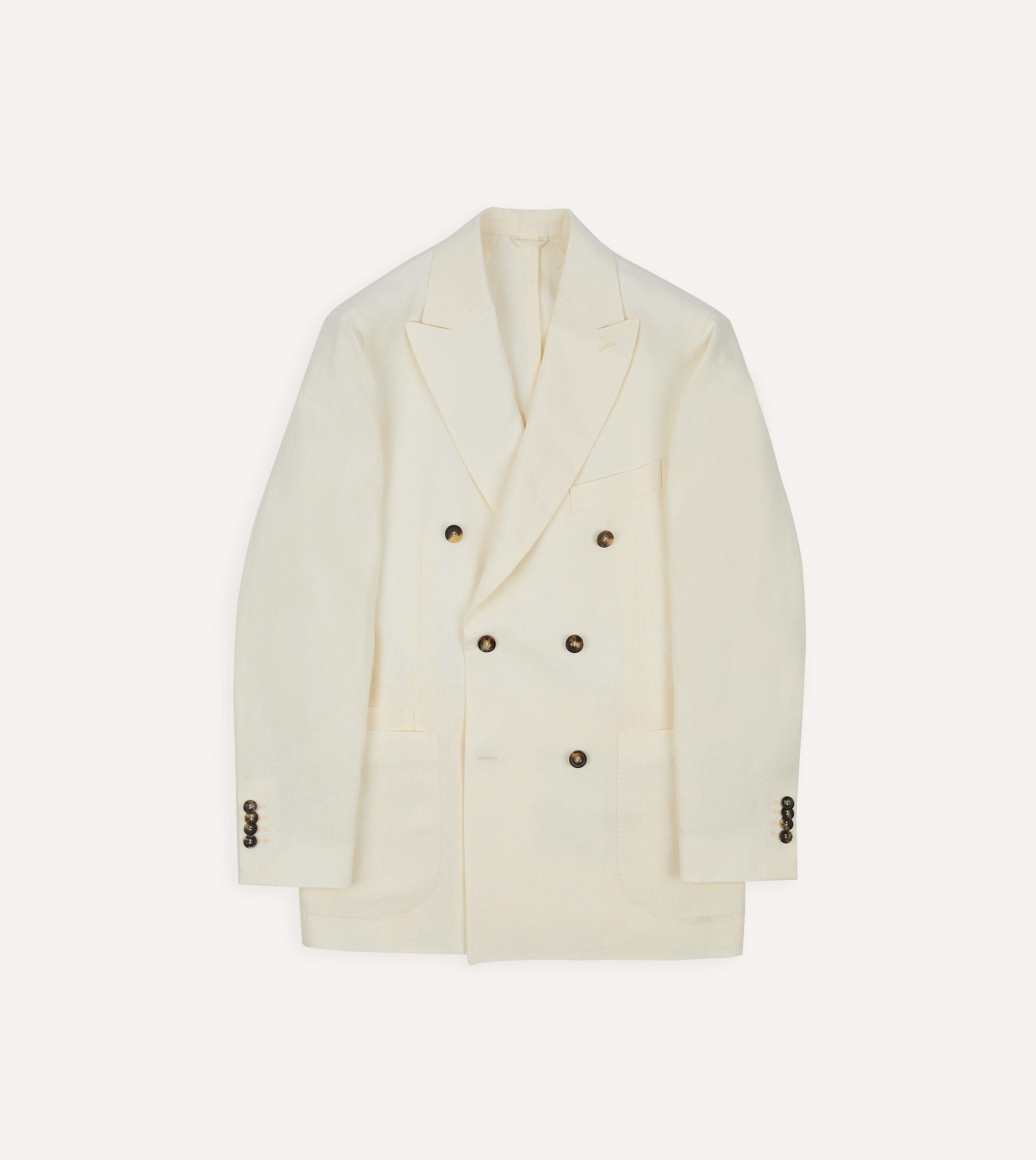 Ecru Linen Double-Breasted Tailored Jacket