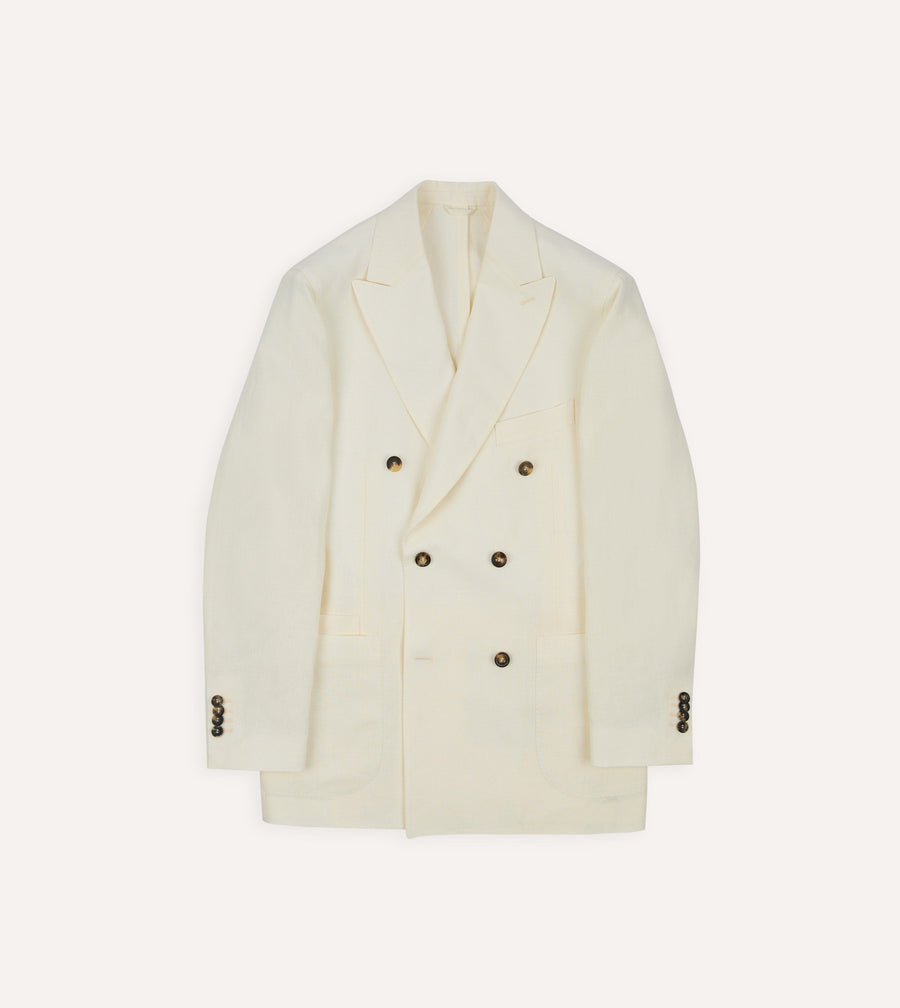 Ecru Linen Double-Breasted Tailored Jacket
