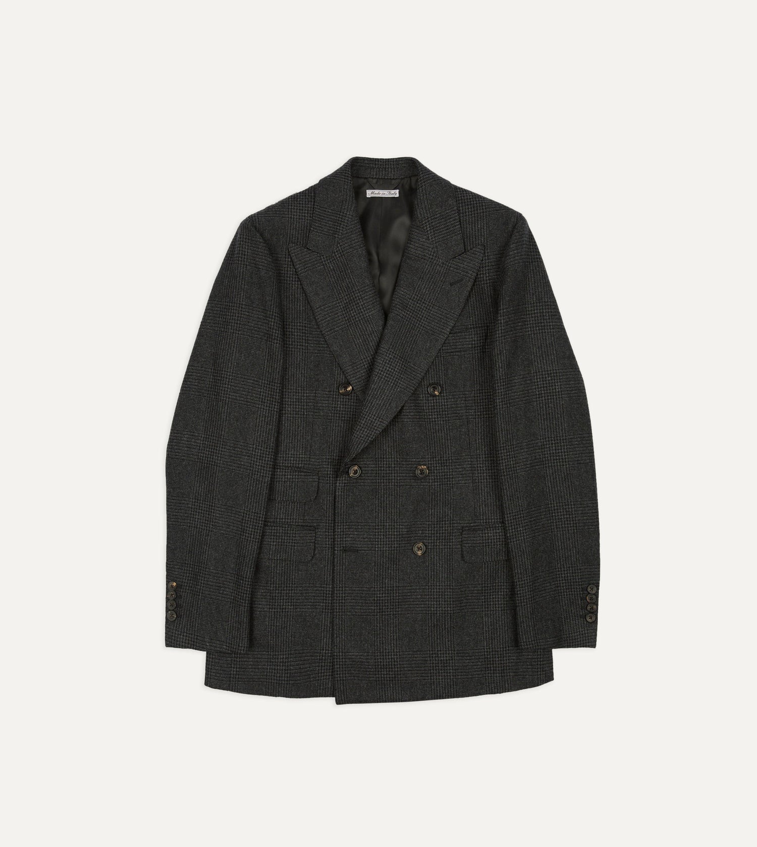Grey Prince of Wales Check Wool Flannel Double-Breasted Tailored Jacket