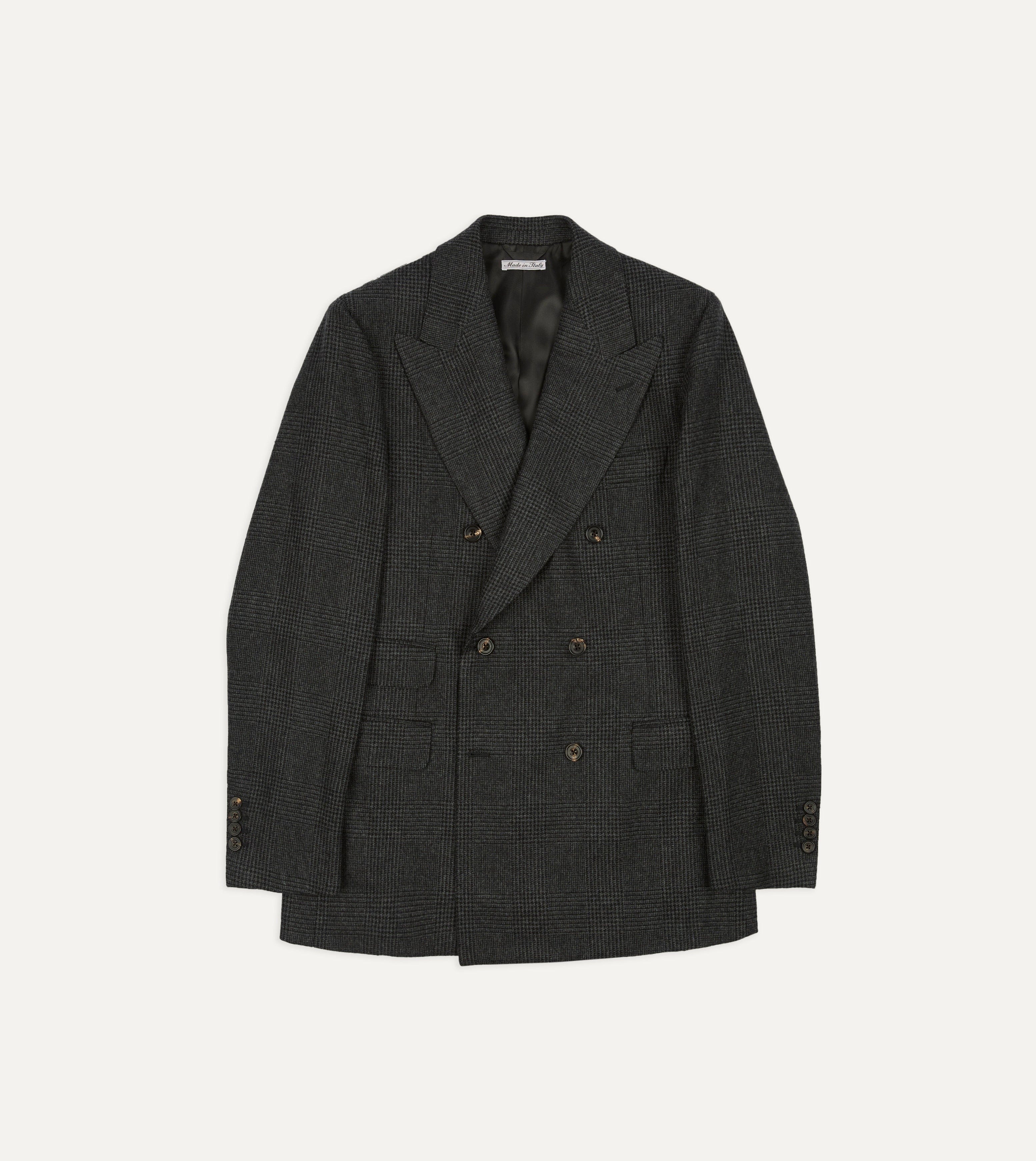 Grey Prince of Wales Check Wool Flannel Double-Breasted Tailored Jacket