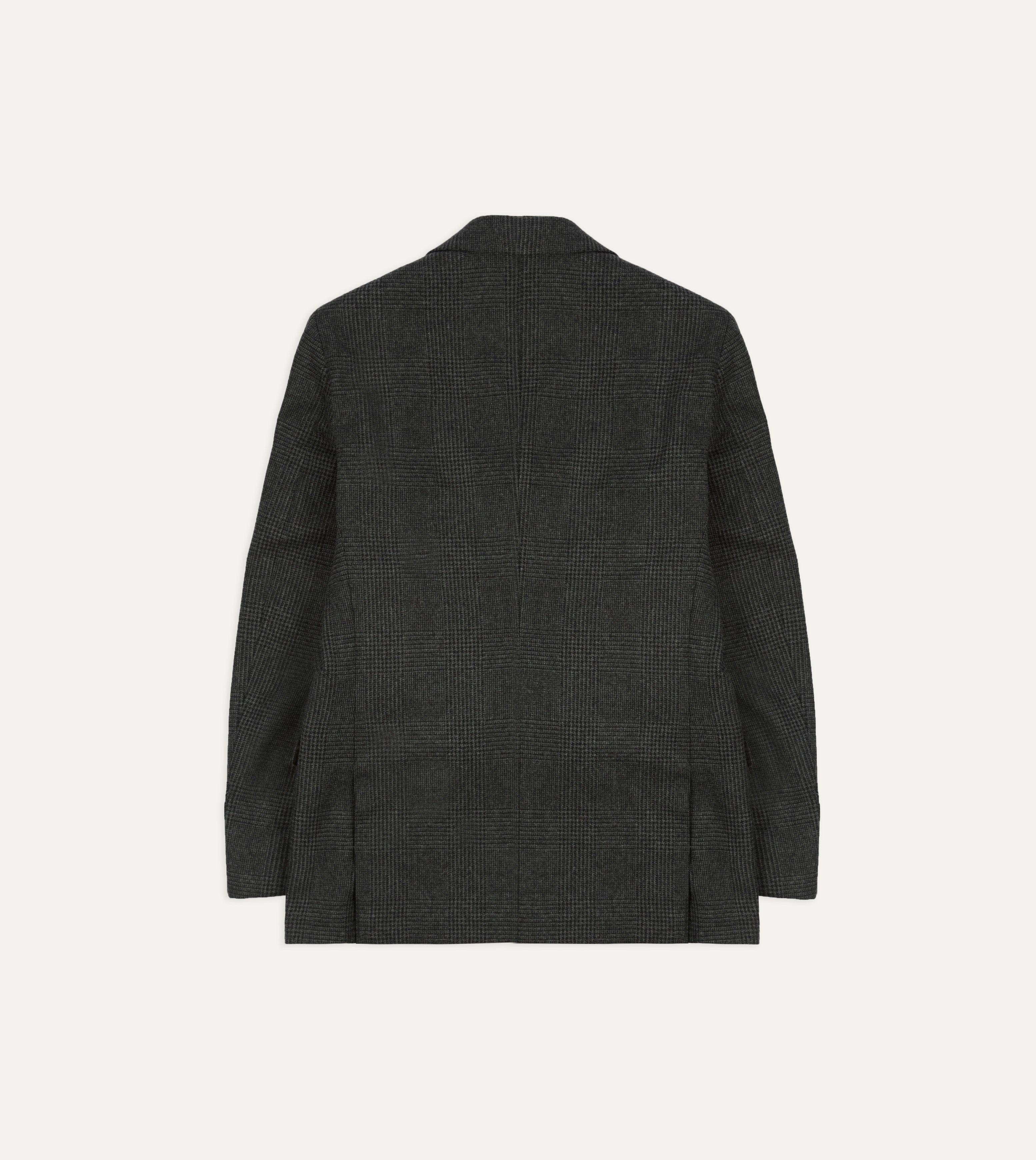 Grey Prince of Wales Check Wool Flannel Double-Breasted Tailored Jacket