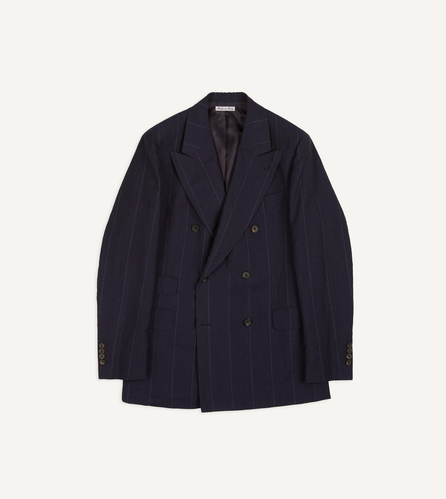 Navy Pinstripe Wool-Linen Double-Breasted Tailored Jacket