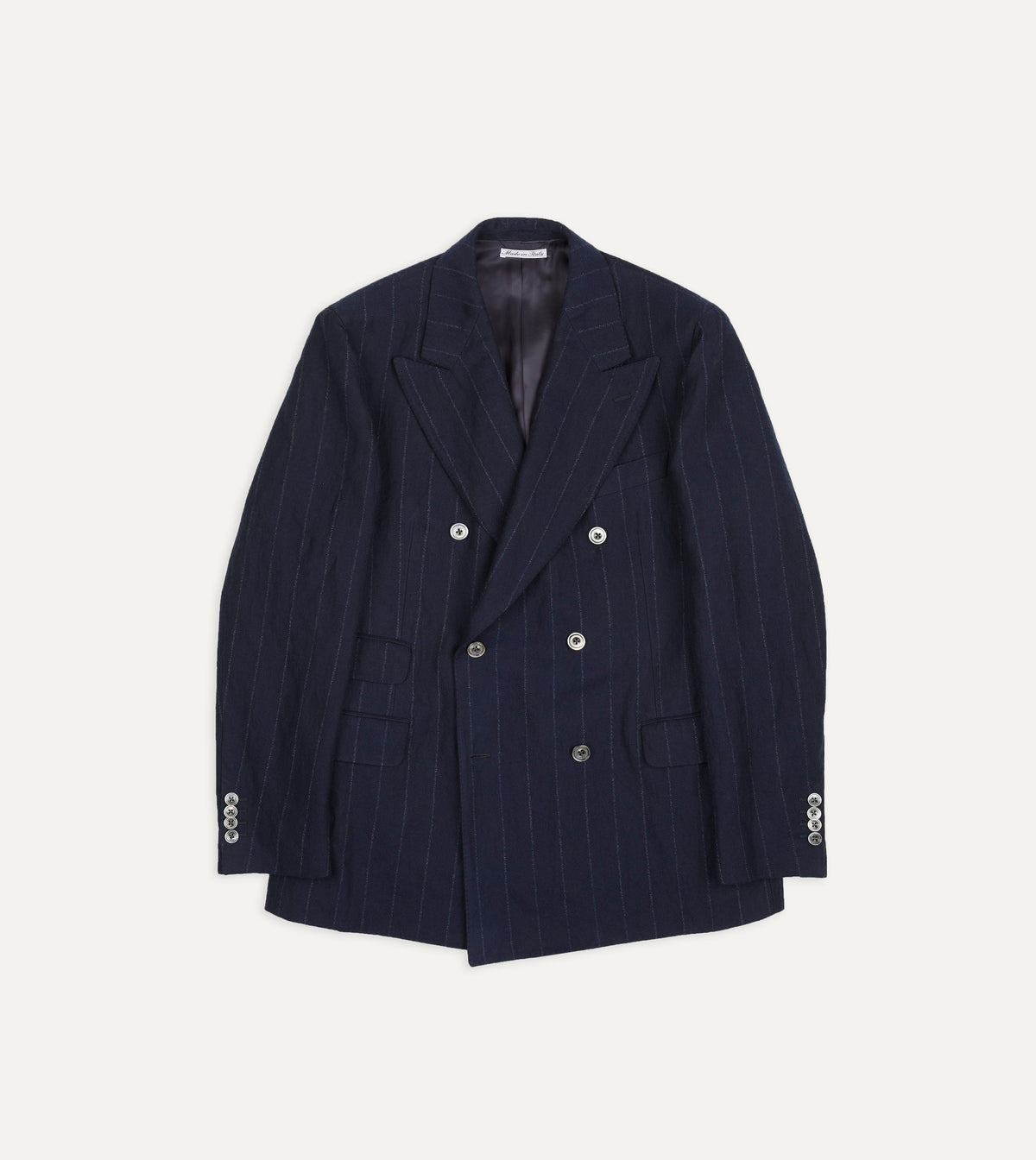 Navy Pinstripe Wool-Cotton Double-Breasted Tailored Jacket