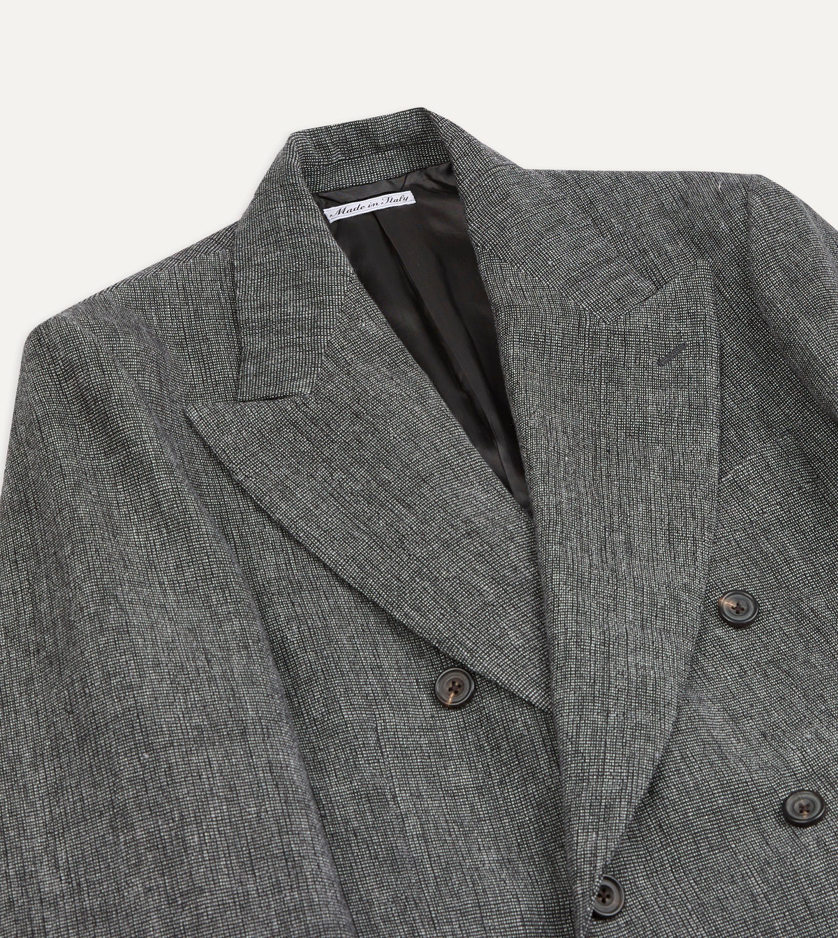 Grey Nailhead Linen-Wool Double-Breasted Tailored Jacket