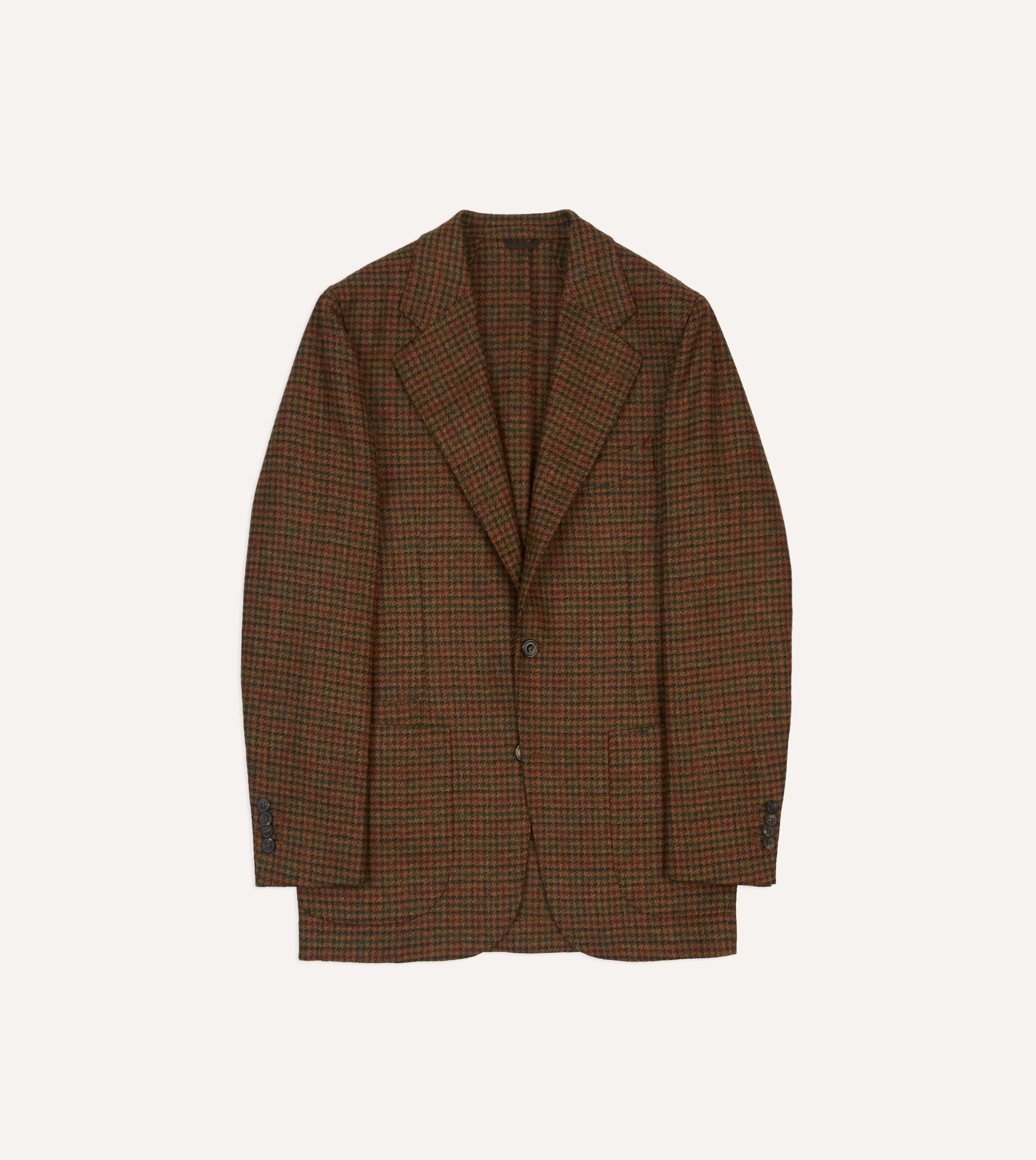 A brown gun club check tweed blazer, shown from the front.