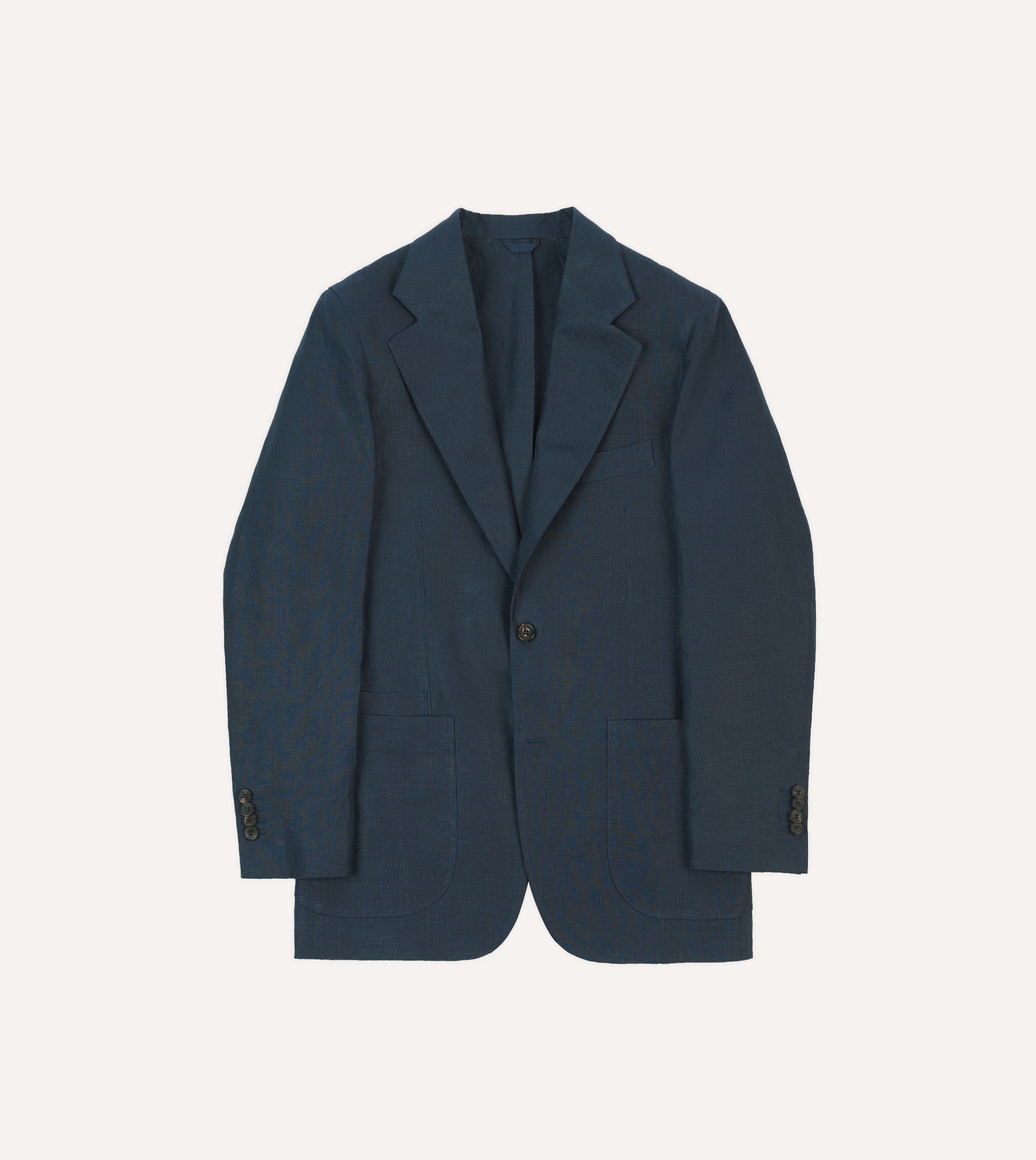 A navy Irish linen tailored jacket, shown from the front.