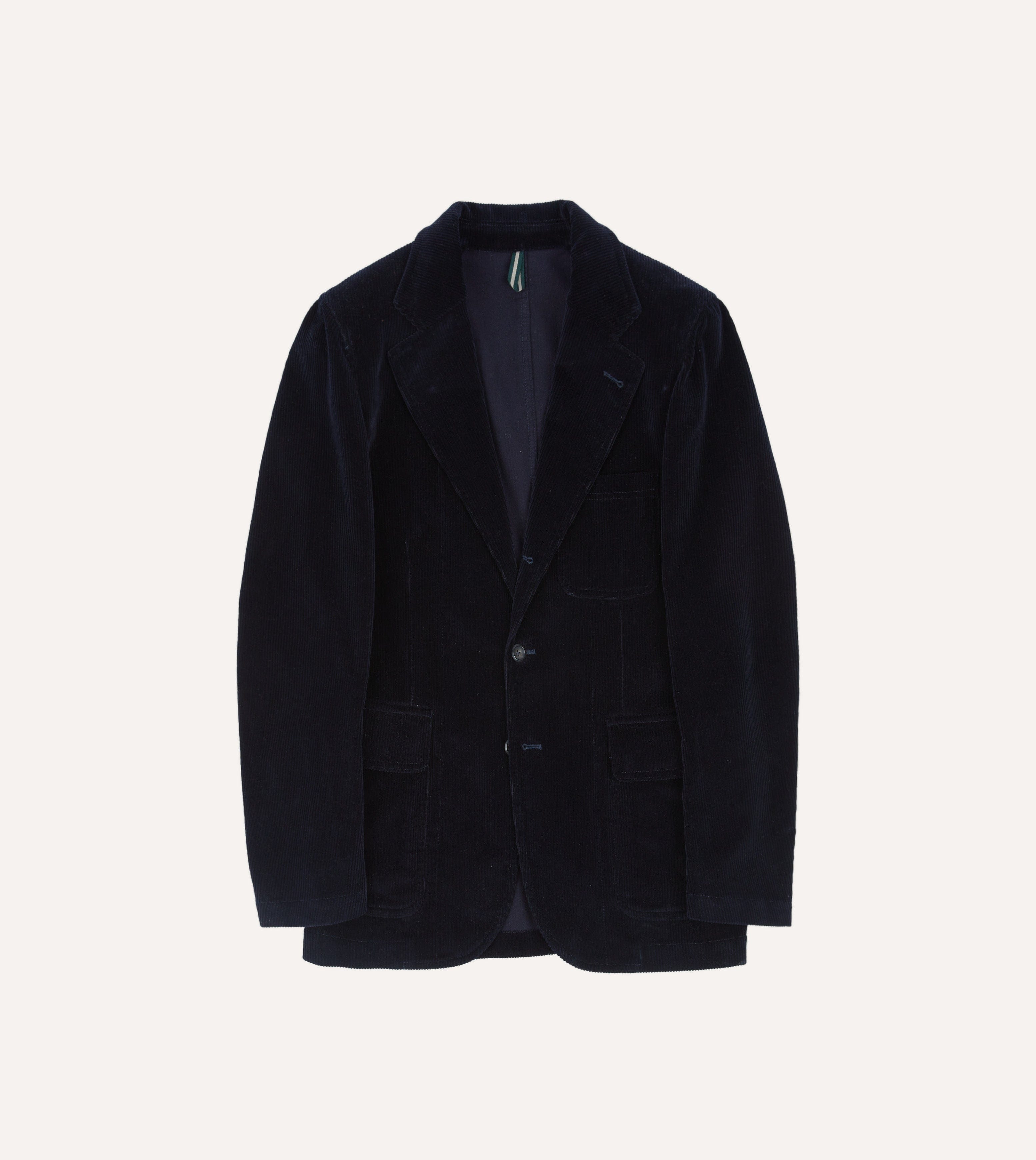A navy cotton corduroy blazer with patch pockets, shown from the front.