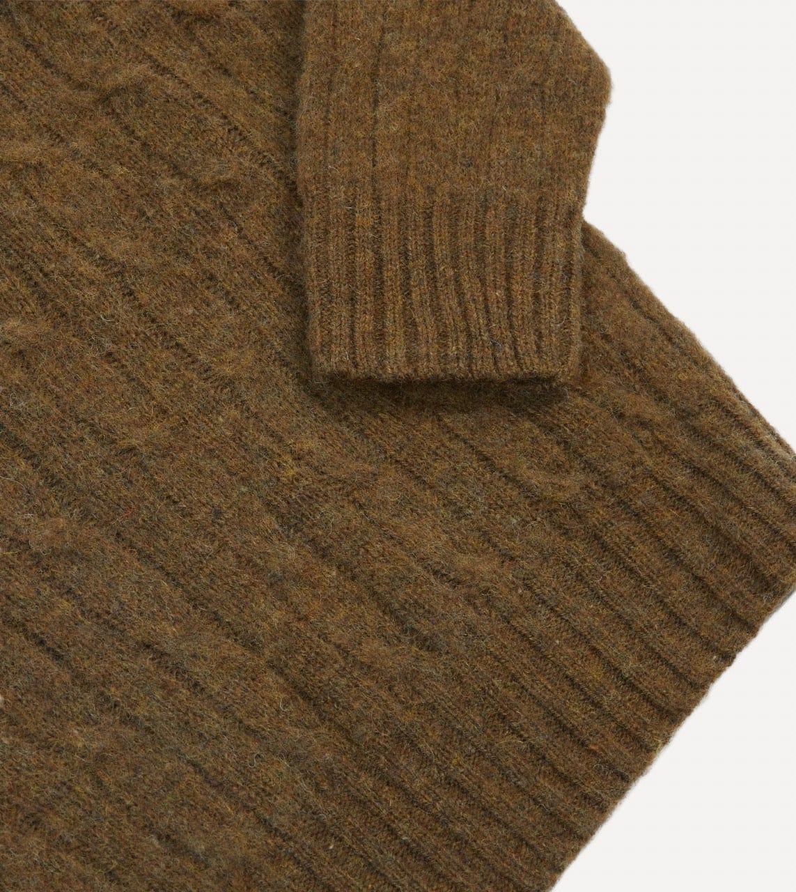 Olive Brushed Cable Knit Shetland Crew Neck Jumper