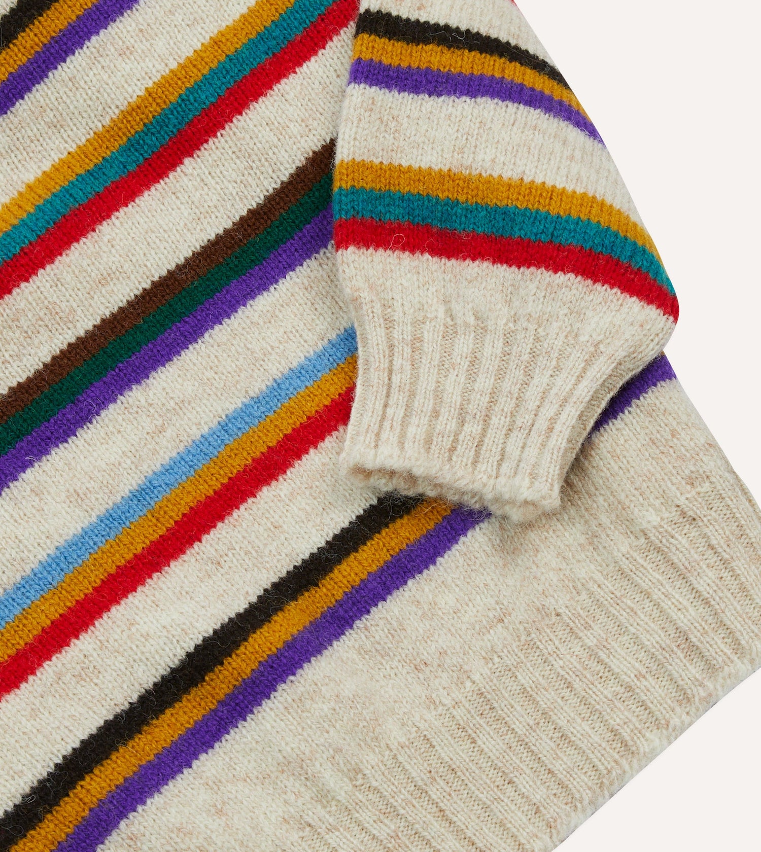Ecru Multi Thin Stripe Brushed Shetland Crew Neck Jumper