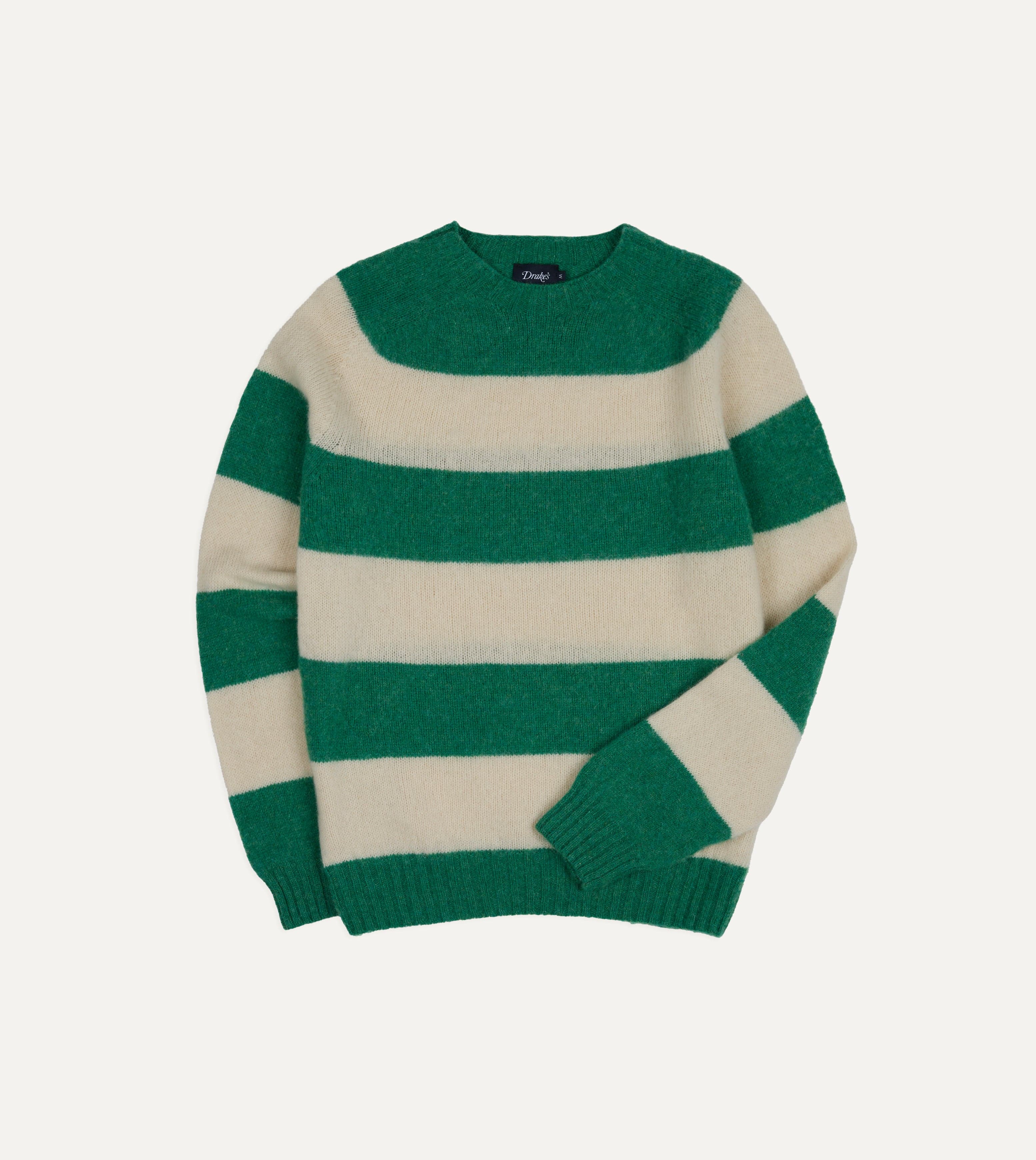 Green and Ecru Stripe Brushed Shetland Crew Neck Jumper